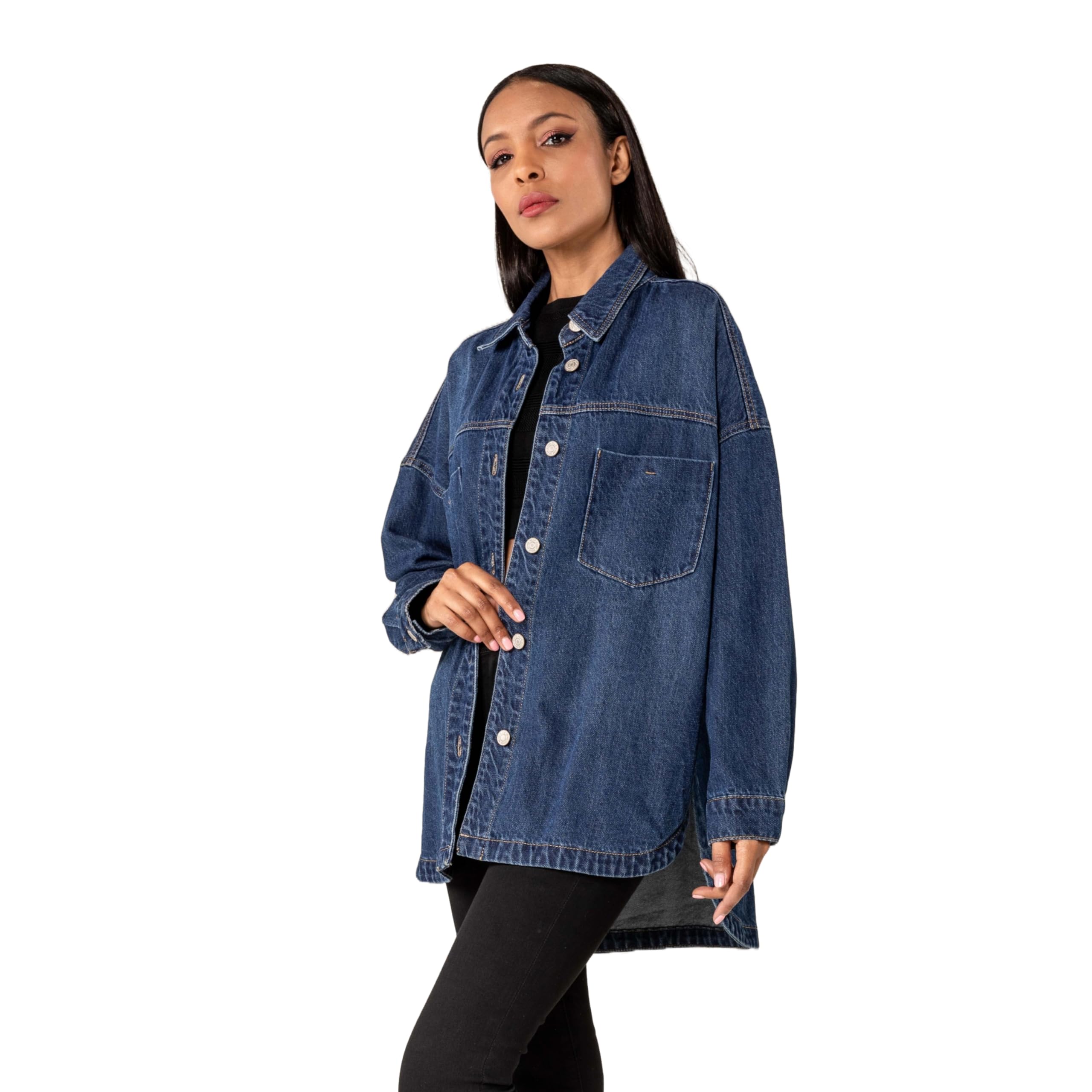 Nina Carter S539 Camisa vaquera de gran tamaño para mujer, chaqueta vaquera ligera, chaqueta de entretiempo, chaqueta de camisa con efecto de lavado, aspecto desgastado, informal