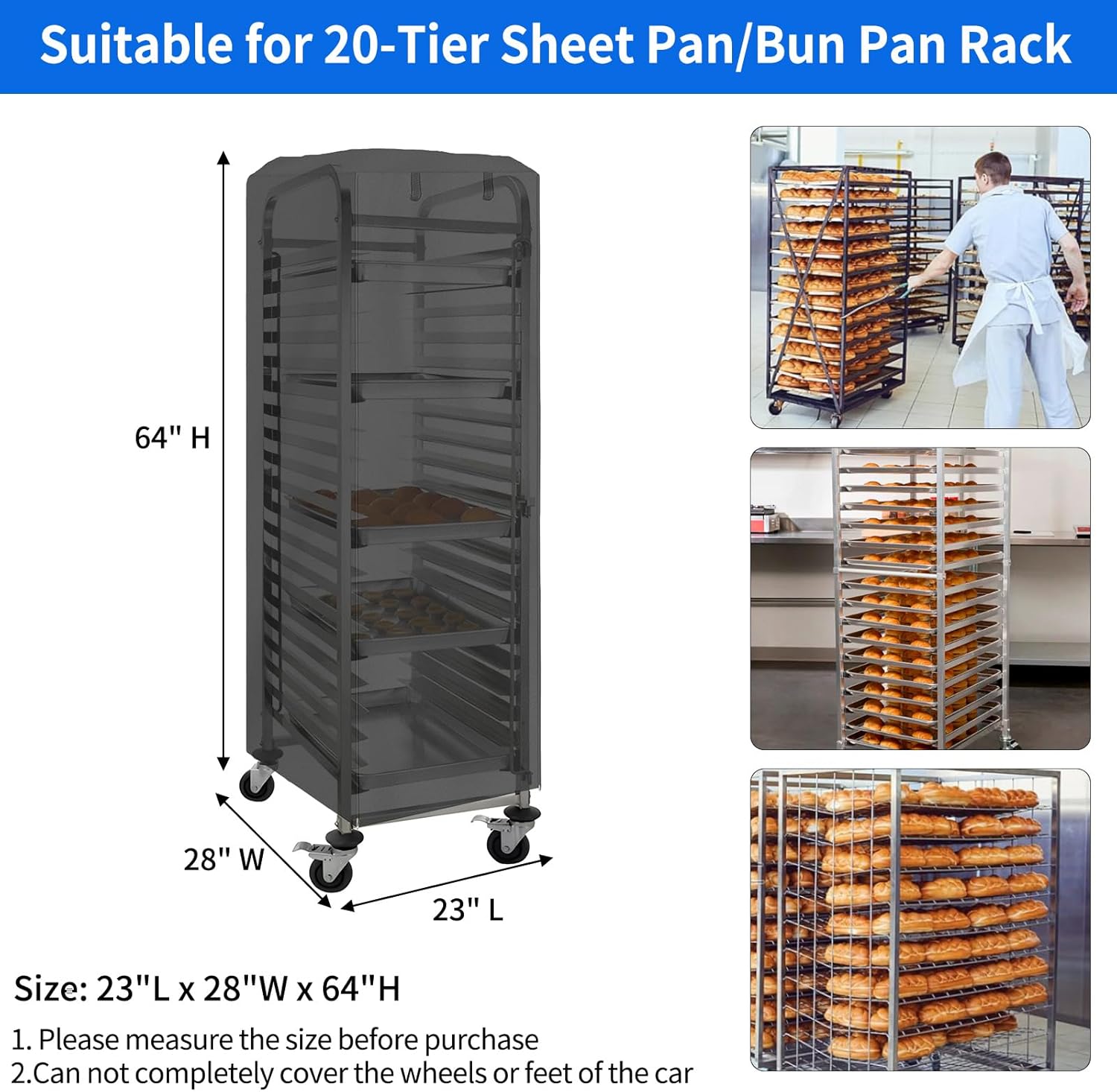 COSHNIBI Pan Bun Rack Cover,420D Waterproof and Dust Resistant Bun Rack Cover with Zipper Suitable for Commercial Bread Racks,23" L x 28" W x 64" H-Black