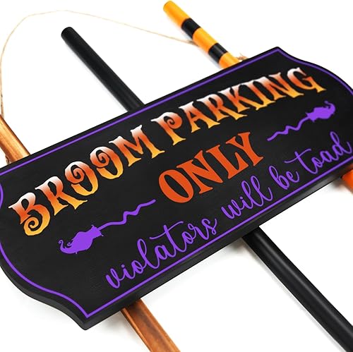 Miniatura 3 de Decoraciones de Halloween  Decoración de Halloween  Cartel de estacionamiento de escoba con 3 escobas de bruja de madera  Lindo Hocus Pocus,