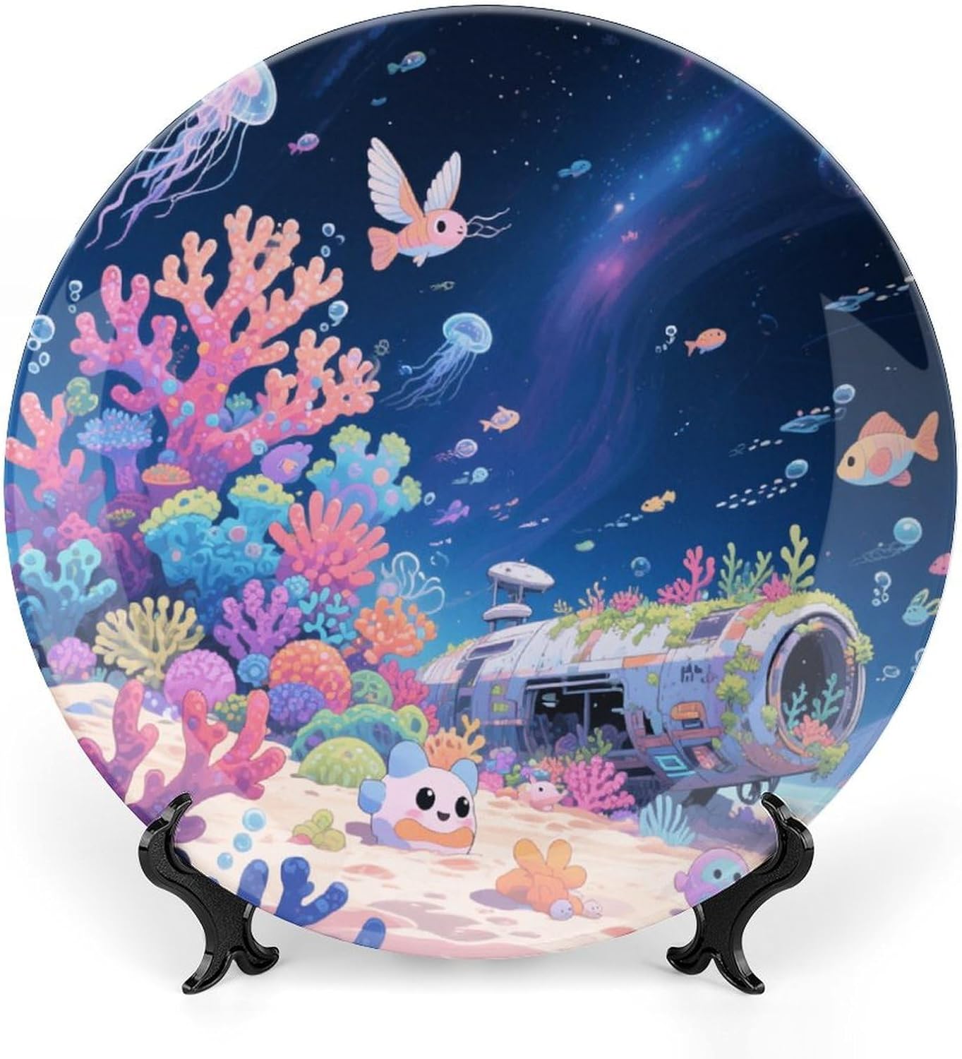 Bone China Decorative Plates Interstellar Coral Reef Ceramic Decorative Plate Wall Decor with Display Stand Ceramic Ornaments for Wall Hanging Decoration