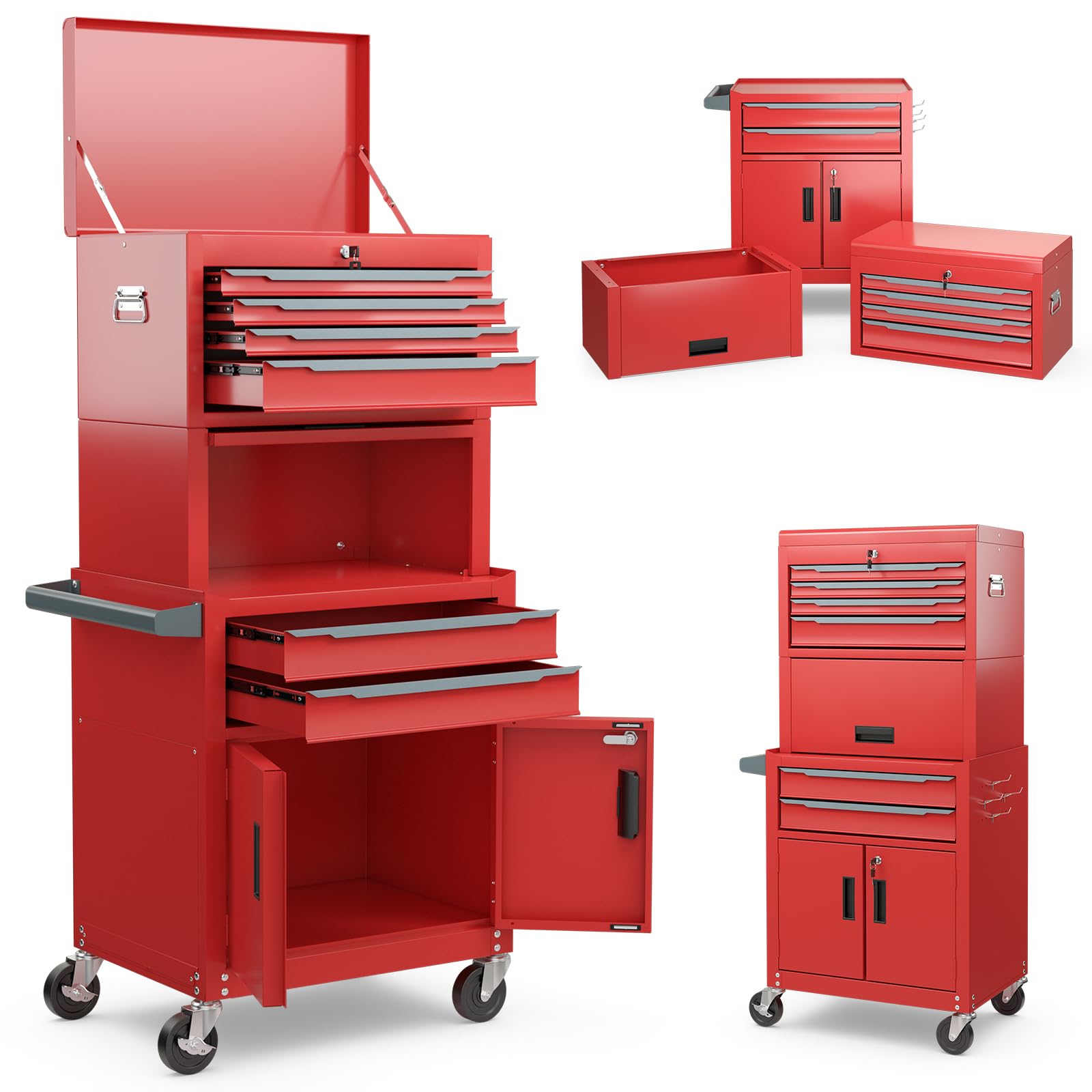 ERGOMASTERLarge Rolling Tool-Chest with 6 Drawers Heavy Duty Tool-Box on Wheels Lockable and Lock System Cabinet for Garage Workshop(28 x 13 x 53''-Red)