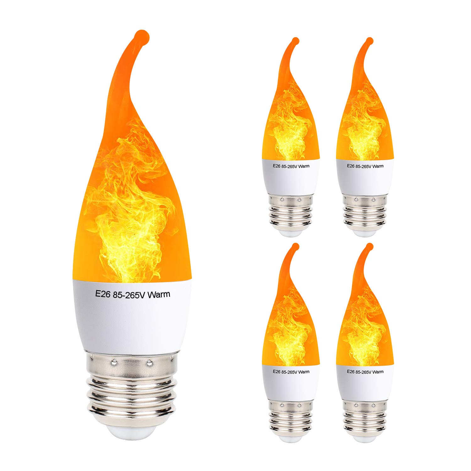 4 Pack LED Simulated Fire Flicker Flame Light Bulb, E26 Base 2W 1800K Warm White, 3 Modes (Emulation General Breathing) for Home Bar Party Decoration - Candle Flame Tip