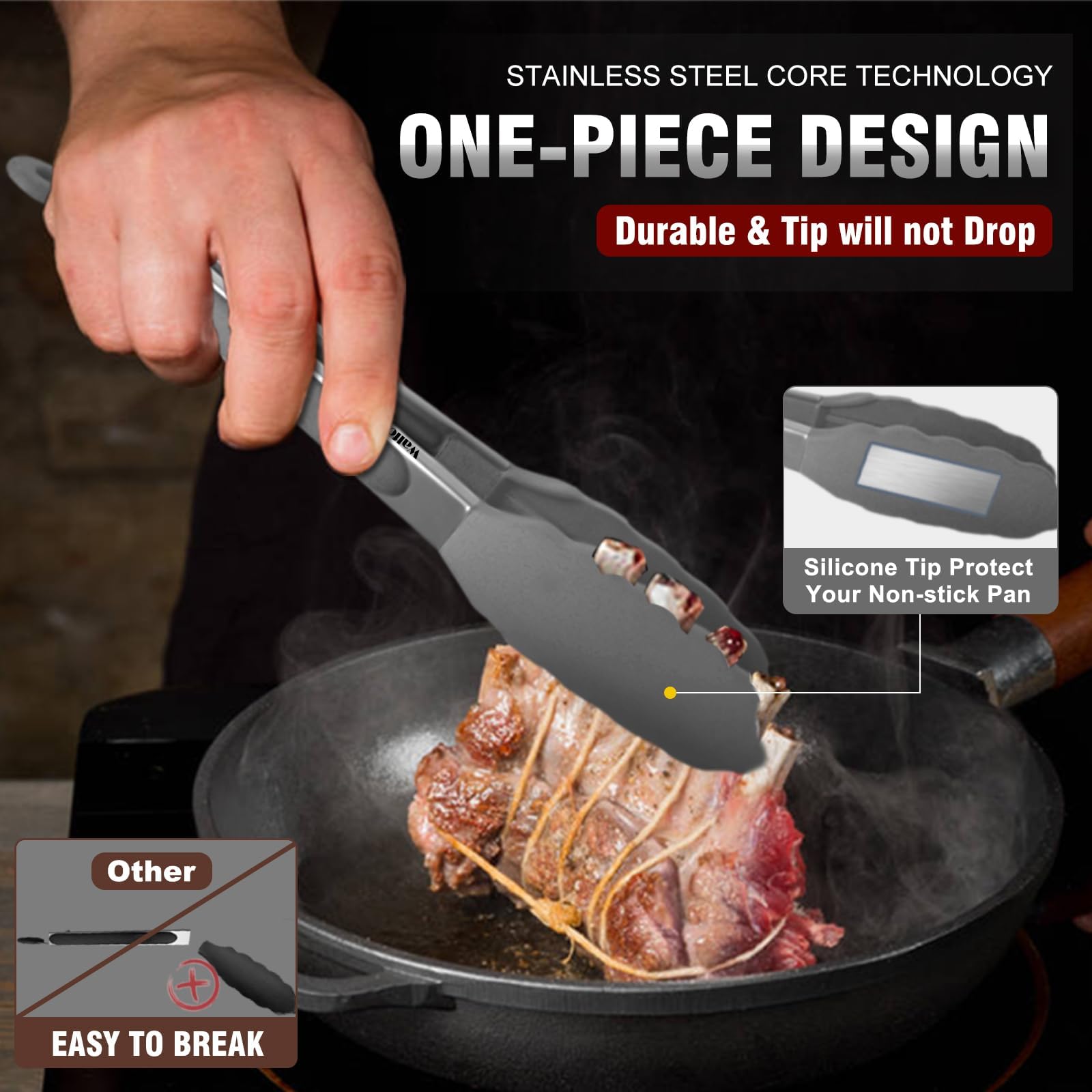 Walfos Pinza da cucina, pinza per alimenti ad alte prestazioni, in acciaio inox di alta qualità e manico antiscivolo resistente al calore, ideale per cucinare, ruotare, pinza per barbecue da 23 cm