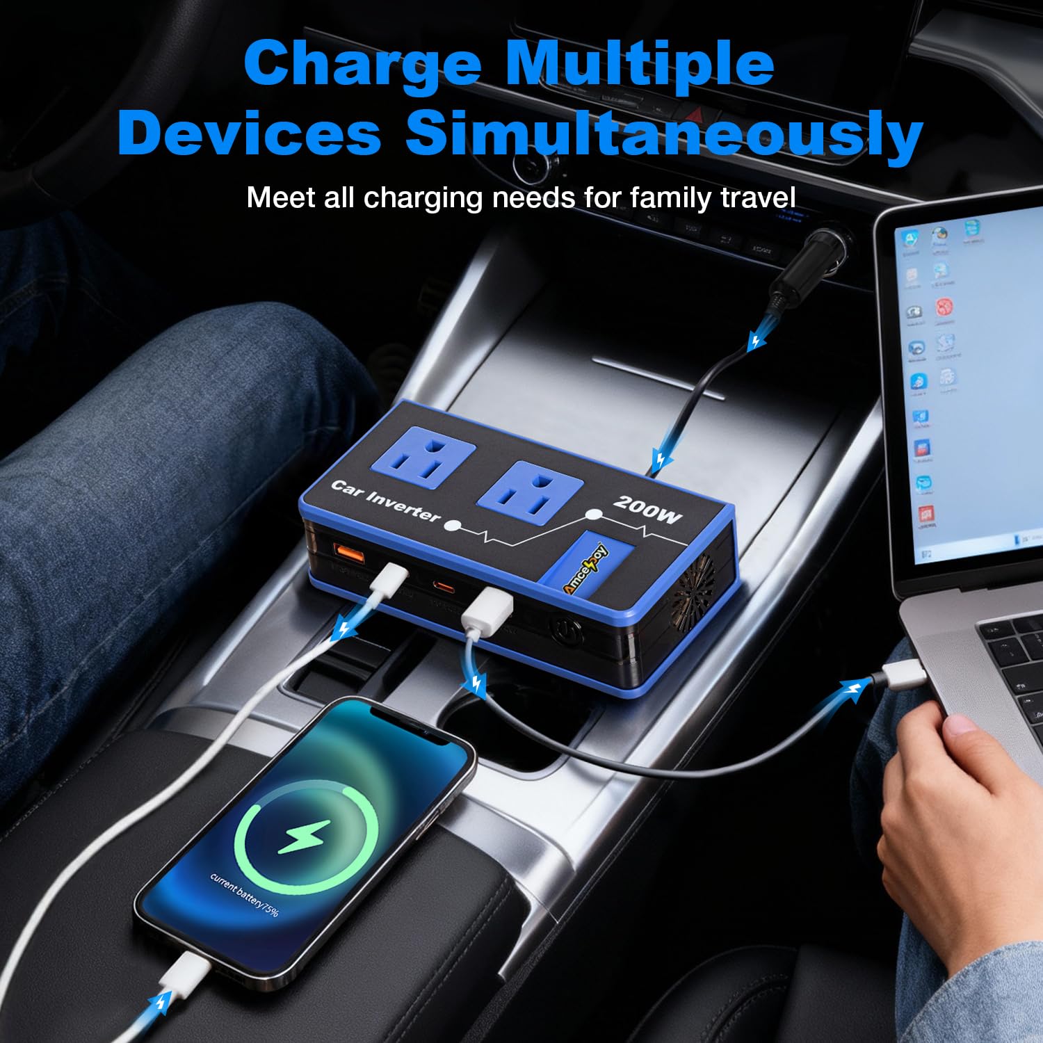 Inwerter samochodowy 200 W podwójny DC 12 V na 110 V AC adapter gniazda samochodowego do wtyczki ściennej szybkie ładowanie 24 W porty USB-C i USB przenośny konwerter ładowania