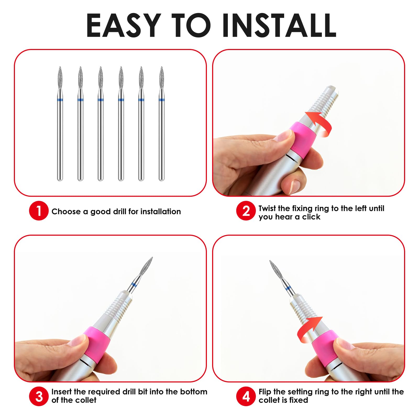 YUXIANLB Juego De 6 Brocas Para Cutícula Con Forma De Llama Con Estuche Herramientas De Manicura Profesionales De 3/32 Pulgadas Puntas De Carburo De Uñas Limpias Para Uñas Para Salón En Casa