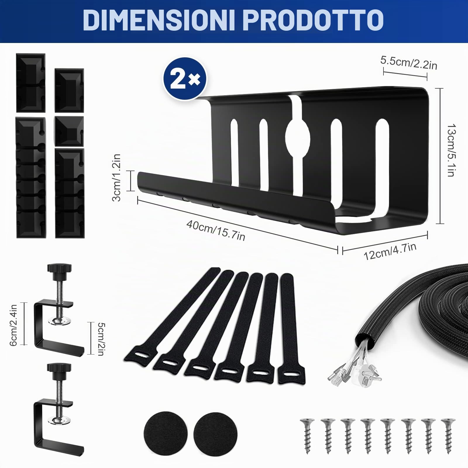 Lannvan Raccogli Cavi Scrivania - Set da 2 Portacavi Sotto Scrivania - Nascondi Cavi Scrivania per la Gestione di Cavi e Prese - 40cm Canalina Passacavi - No Fori da Trapano - Nero