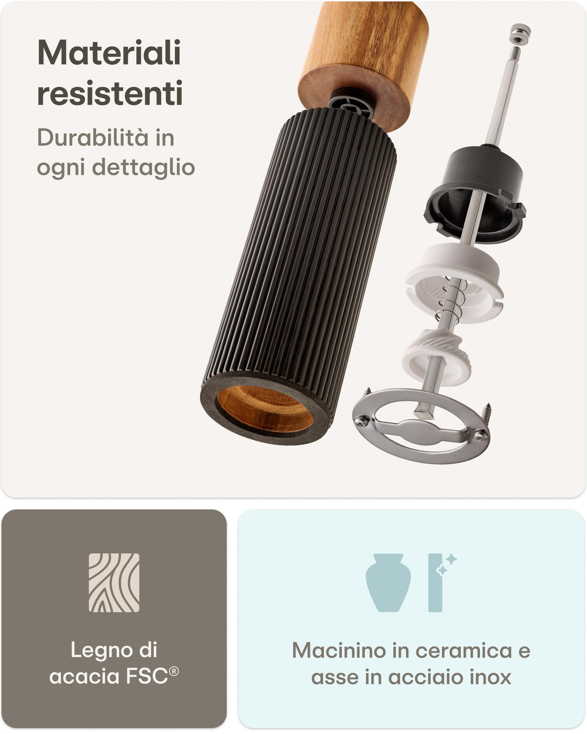 Praknu Macina Pepe e Sale Manuale – Legno di Acacia FSC® – Design Elegante con Macina in Ceramica – Regolabile e Durevole – Nero – Grande