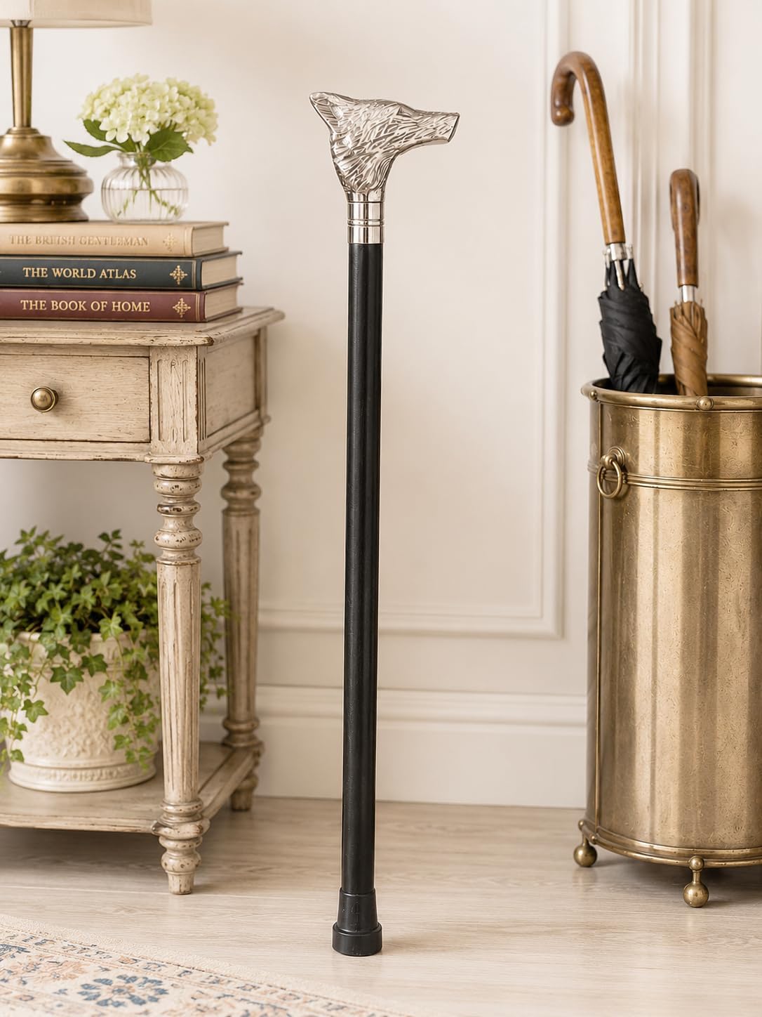 Retro Collection's Victorian Style Brass/Wooden Walking Stick Wolf face Handle with Silver Chrome Finish