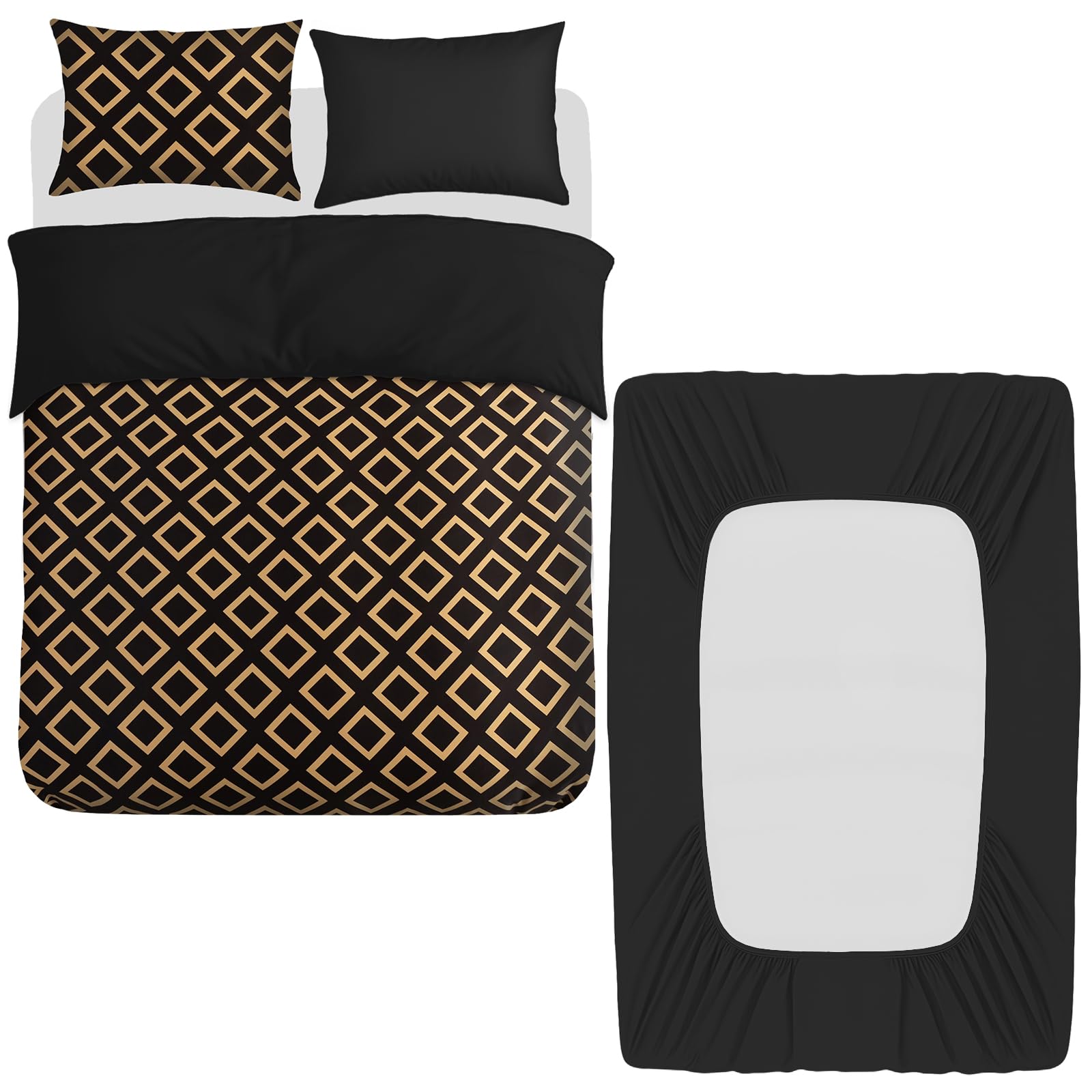 Grace Black And Gold 4 Pcs Super King Duvet Set With Matching Black Super King Fitted Sheet 40 Cm Extra Deep Pocket - Premium Microfibre Reversible Quilt Cover Bedding Set For All Seasons