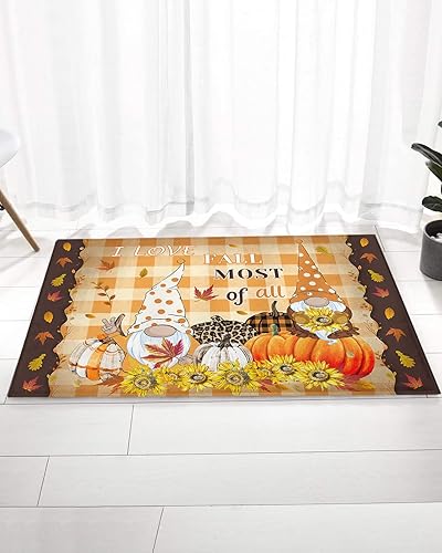 Bathroom Rugs Door Mat Hello Fall Pumpkin Gnomes Sunflower Maple Leaves Soft Plush Microfiber Carpet Washable Entryway Rugs Indoor Non-Slip Highly