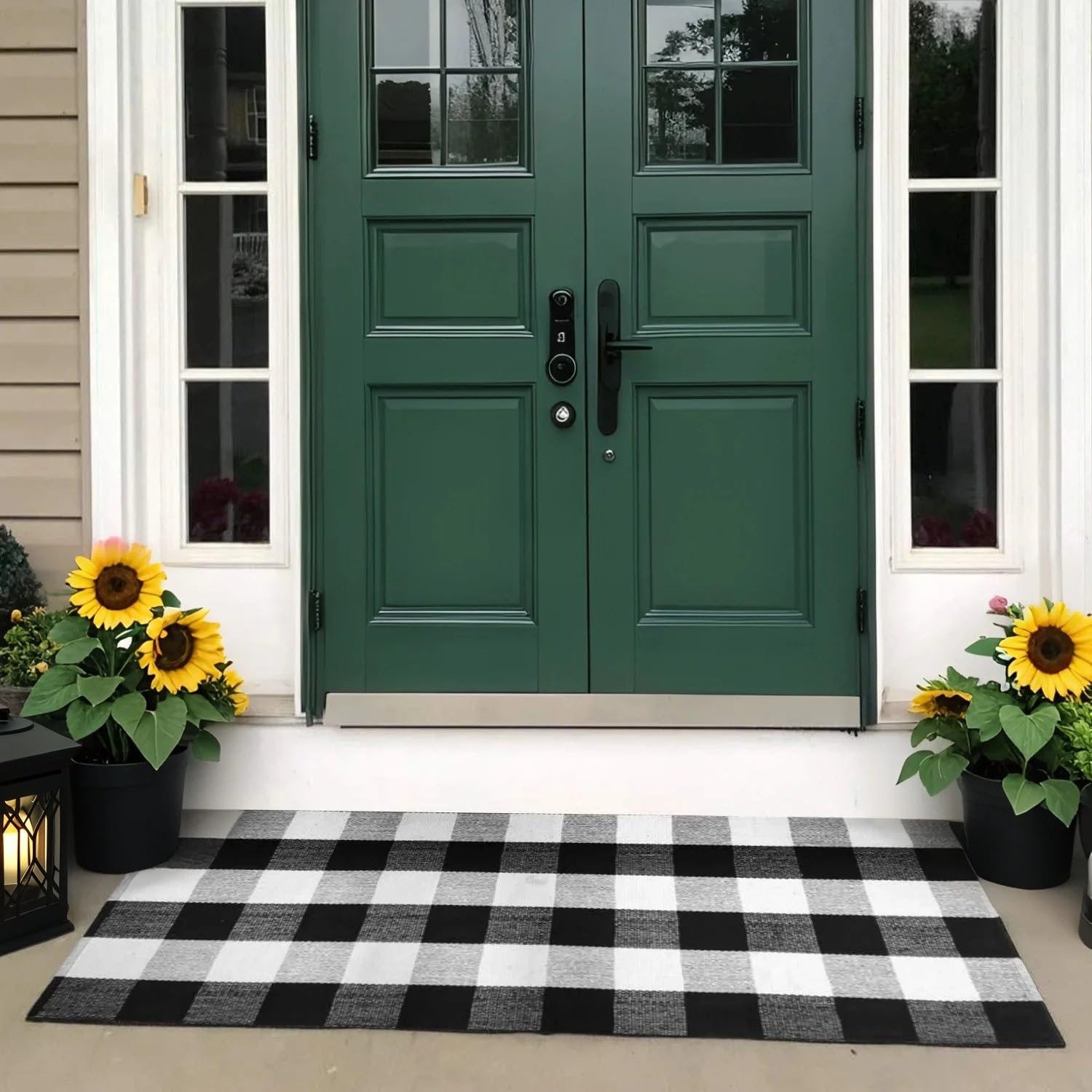 USTIDE Buffalo Check Rug 23.6''x51''Cotton Black and White Plaid Rugs Washable Hand-Woven Checked Doormat Retro Farmhouse Front Door Rug Layered