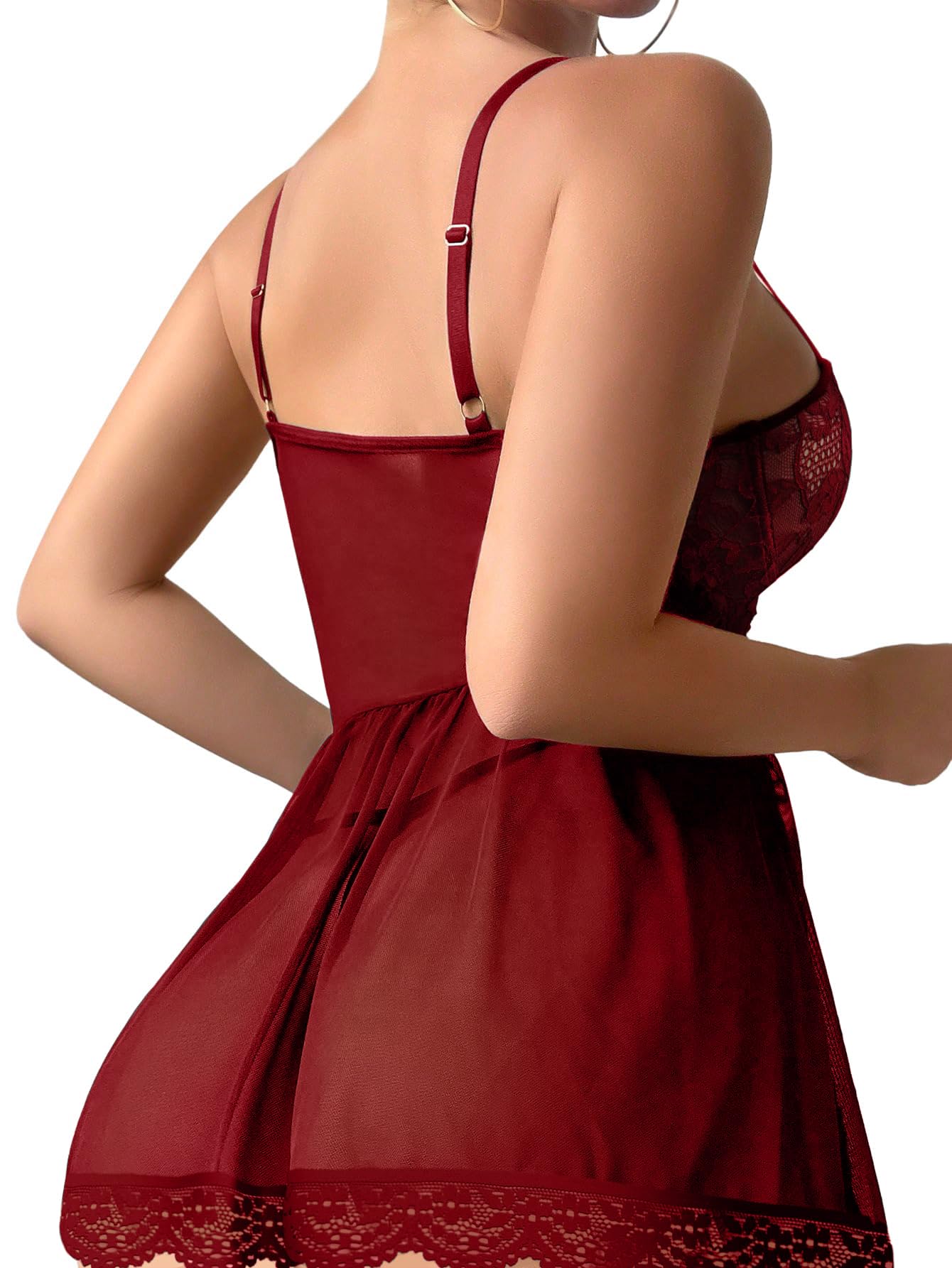 Lilosy Sexy Garter Belt Mesh Lace Babydoll Lingerie Dress Set with Thong: Wire Small Eyelash Wine Red