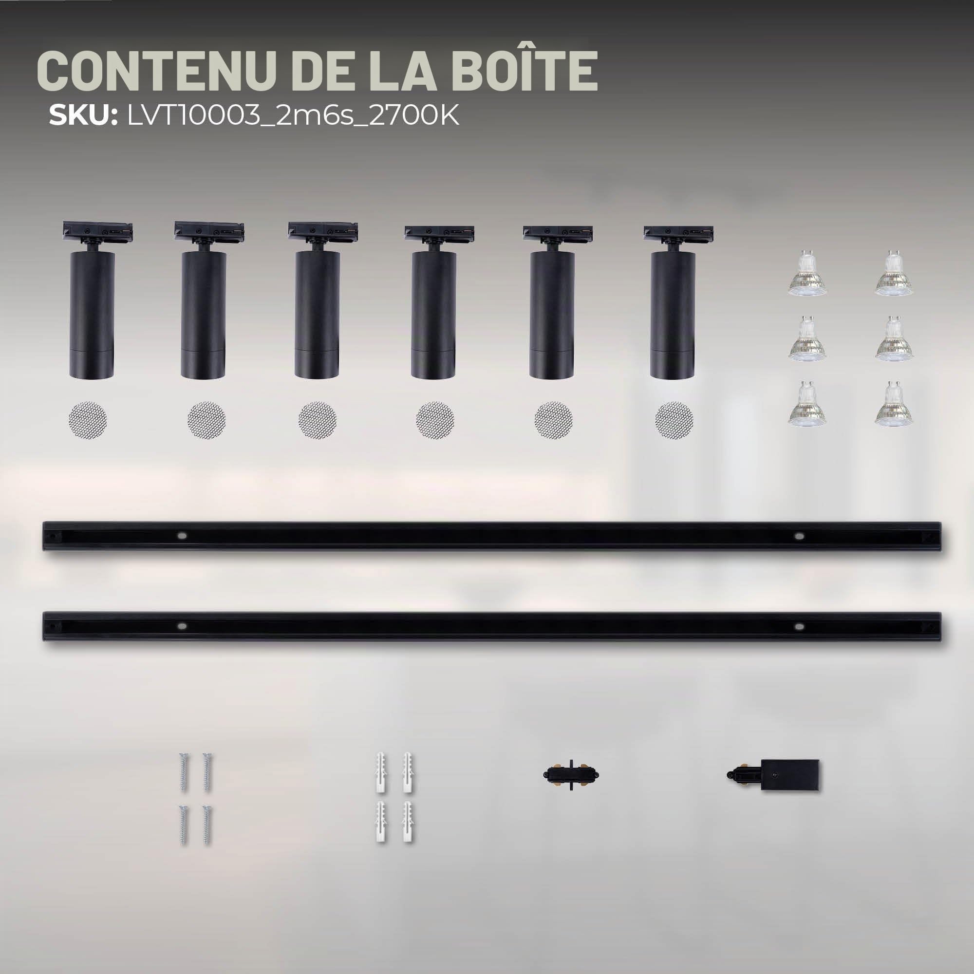 Ledvion - Système d’éclairage LED monophasé, 2m, Rail Monophasé, 3W, Noir, 2700K, 6 spots GU10 orientables, luminaire plafonnier, spot plafond, rail led, plafonnier moderne design