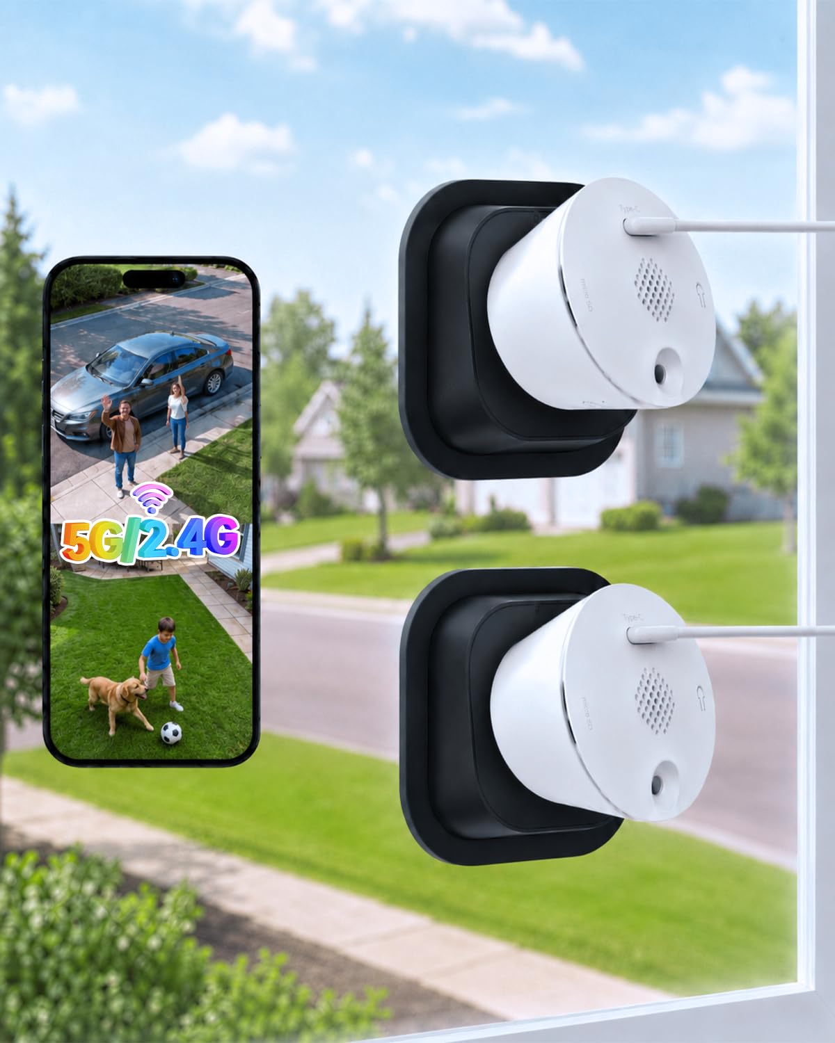 SYMYNELEC 5GHz/2.4GHz Window Cameras, 18° Tilt Mount, Home Security, 2-Pack