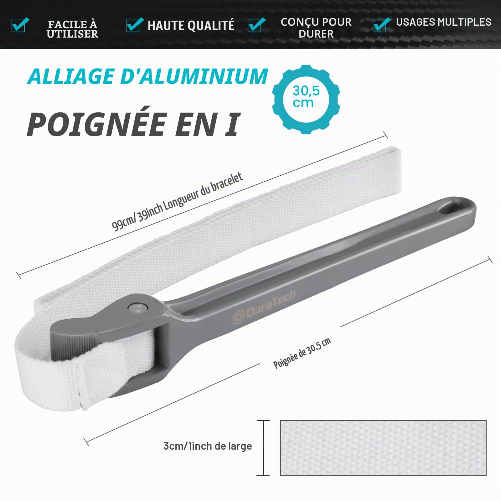 DURATECH 300mm Clé à Sangle, Ouvreur de Courroie de Filtre à Huile Clé à Tube Multifonctionnelle avec Courroie en Nylon Réglable pour Filtre à Huile, Pommeaux de Douche, Joints de Colle