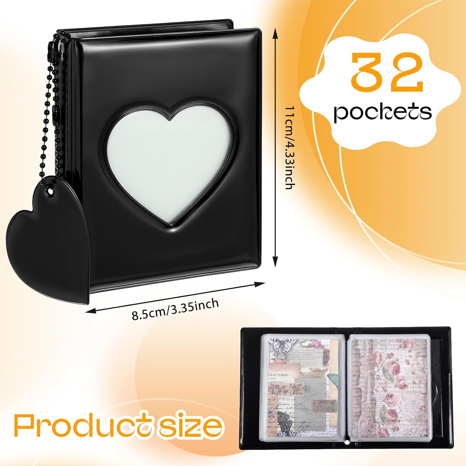 Mini Photocard Binder, 3 Inch Black Mini Photo Album Heart Hollow Card Binders with 32 Pockets Mirror-Like Photocard Binder with Pendant