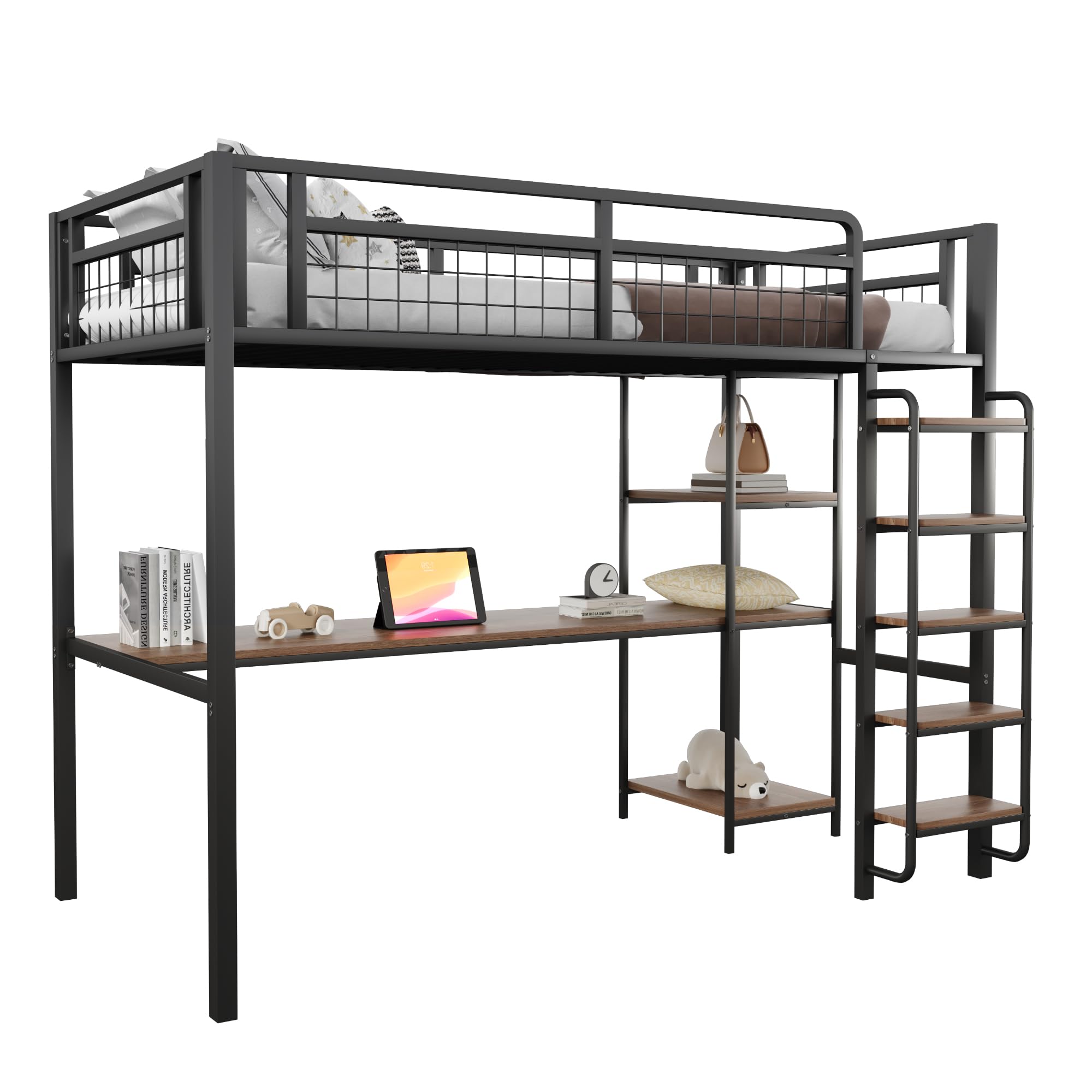 Kebnor Cama alta de metal, escalera de seguridad con peldaños, cama individual, cuna con mesa y estantes, valla de seguridad de malla metálica (sin colchón) (negro, 90 x 200 cm)