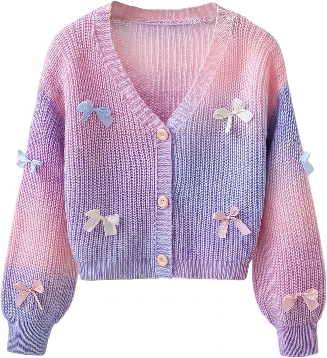 SHENHE Girl's Bow Cardigan Button Down V Neck Lightweight Ombre Cropped Cardigan Sweater Kid