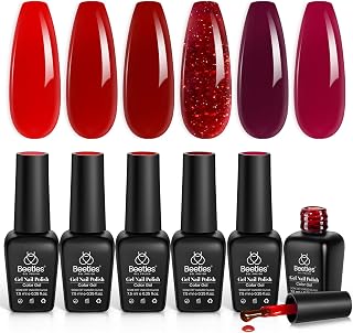 Beetles Red Jelly Gel Nail Polish Set - Luminous Ruby Jelly Gel Polish, 6 Colors Burgundy Red Gel Nail Kit Neutral Sheer Translucent Effect Soak off UV DIY Salon Manicure Gift for Women