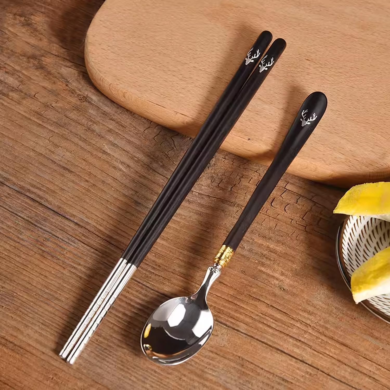 999 Fine Silver Spoon Ebony Handle Deer Head Shape Elegant Luxury