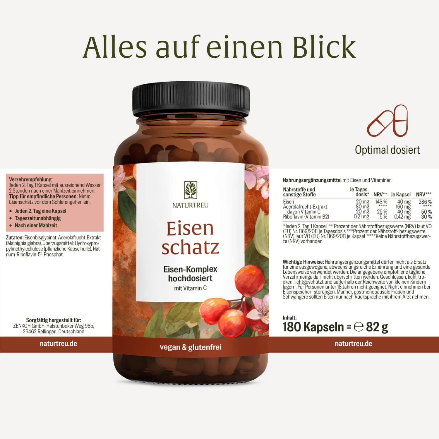 NATURTREU® Eisen Komplex hochdosiert - Eisenkapseln mit Vitamin C
