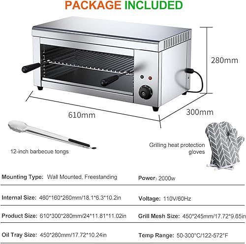 Miniatura 2 de Parrilla eléctrica de acero inoxidable de 2000 W y asador de salamandra, montaje en paredmesa, 24 x 11.8 x 11 pulgadas, bandeja de aceite extraíble,