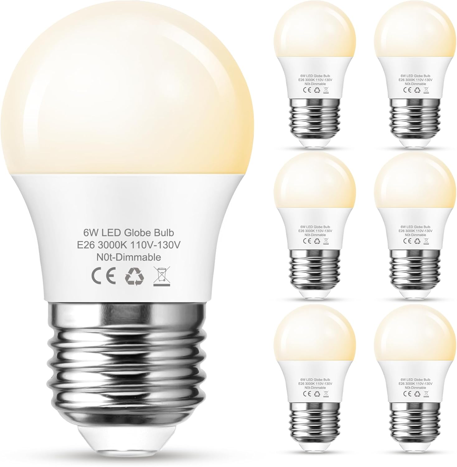 G45 LED Soft White 3000K Light Bulb, E26 Base 6W 60Watt Equivalent Globe Small Light Bulbs, Non-Dimmable Warm Lighting for Vanity Mirror, Party Decoration, Desk Lamp Lights, Living Room, 6 Pack