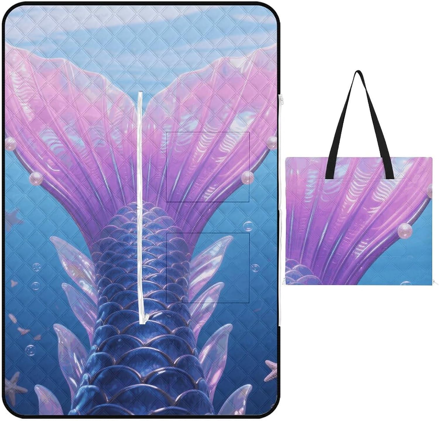 Mermaid Tail Picnic Blanket 150x100cm, Foldable 2-in-1 Picnic Mat and Tote Bag Portable Waterproof Beach Mat Sandproof Outdoor Blanket for Park, Hiking, Beach, Camping, Travel
