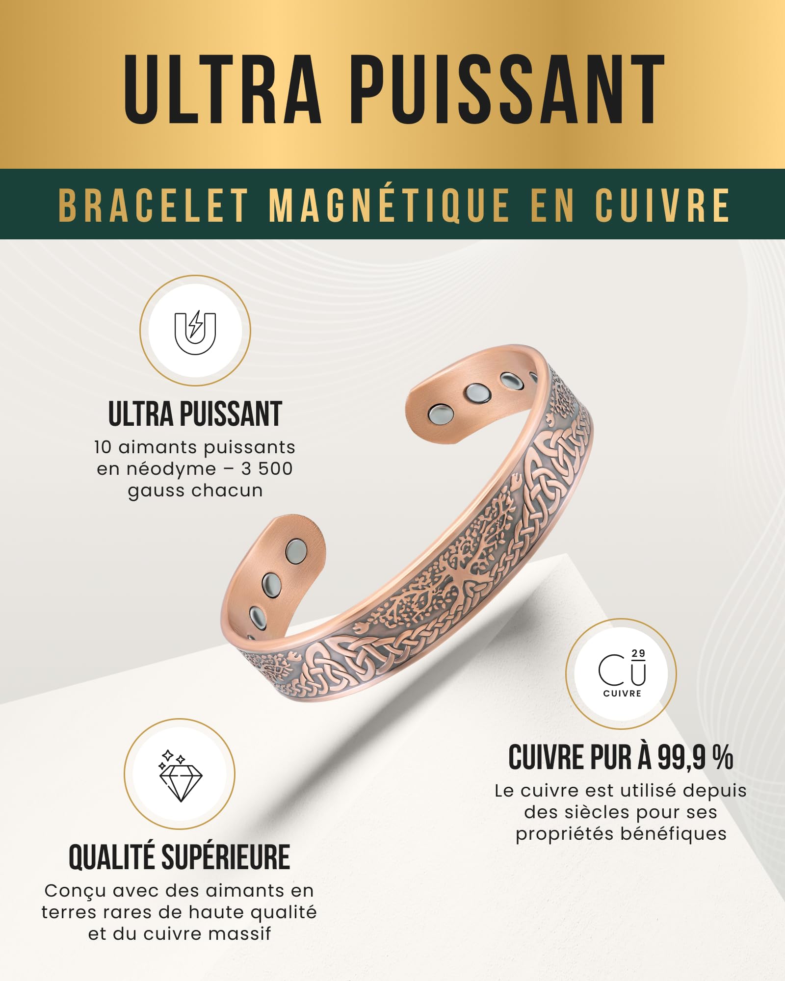 MagnetRX® Bracelet Magnétique En Cuivre Pur Pour Homme - 6 Aimants Puissant (3500 GAUSS Par Aimant) Bijoux Aimanté En Cuivre - Manchette Réglable