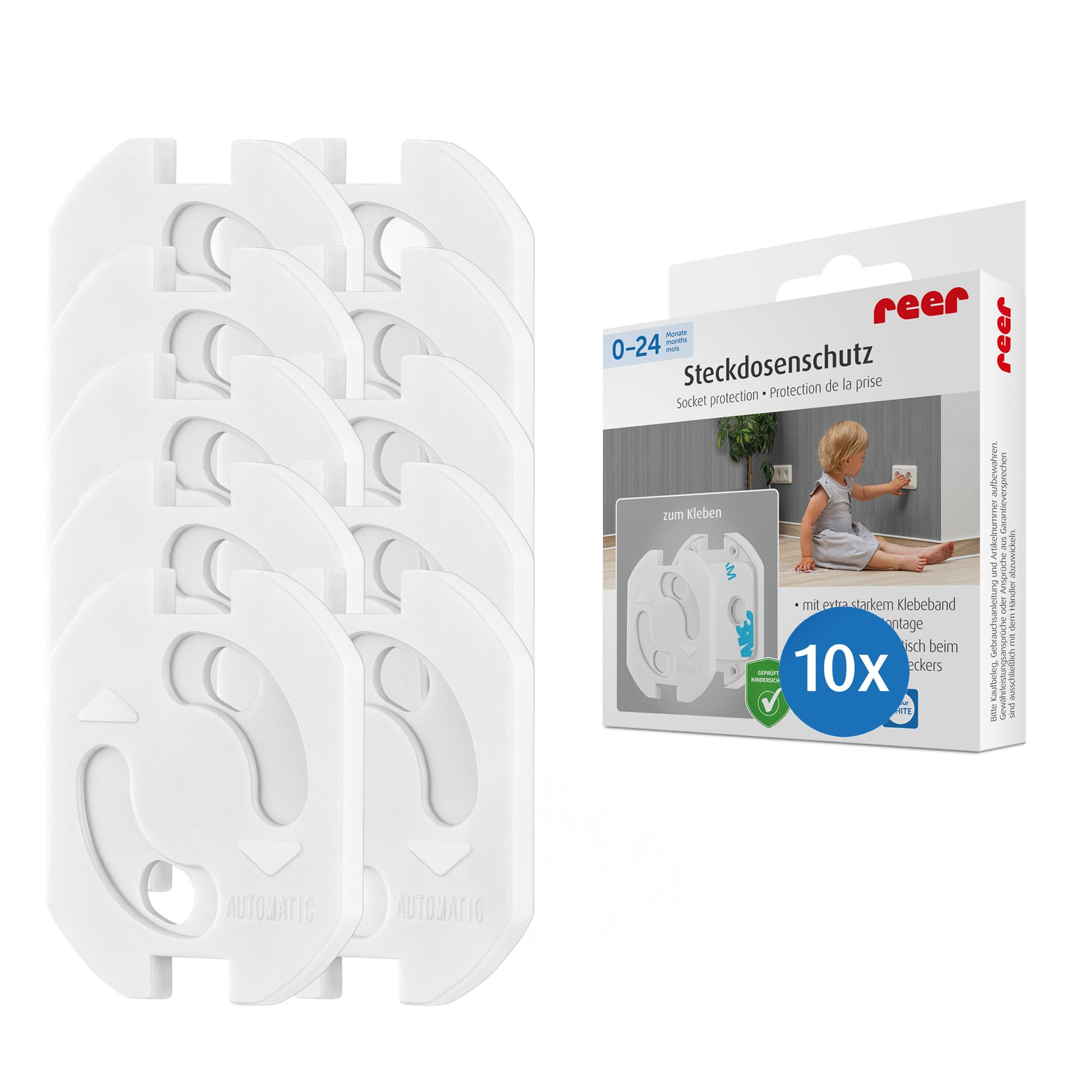 reer Steckdosenschutz - das kindersichere Original vom Erfinder, zum Kleben, weiß, 10 Stück