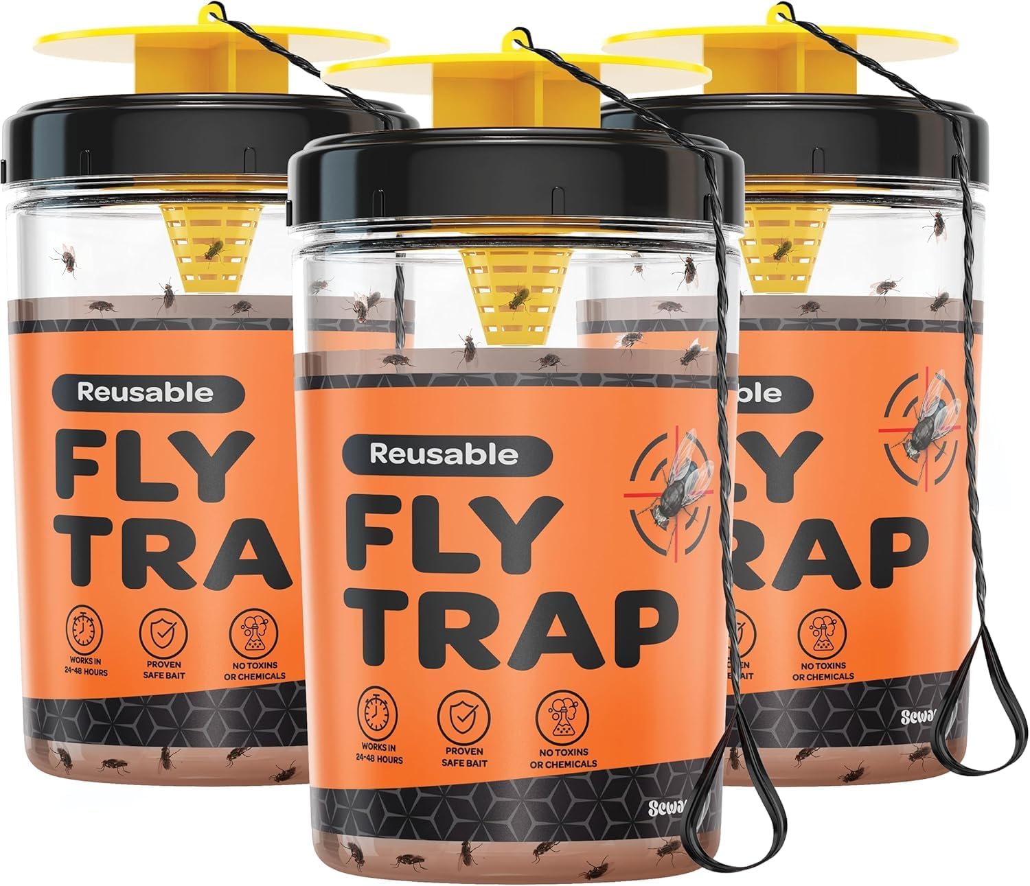 Fly Traps Outdoor [Set of 3] with Dissolvable Non-Toxic Bait - Reusable Hanging Bug Catcher Killer for All Flies for Outside Bug Control Patios, Barns, Ranches Etc. Hanging Fly Traps with Tie Included