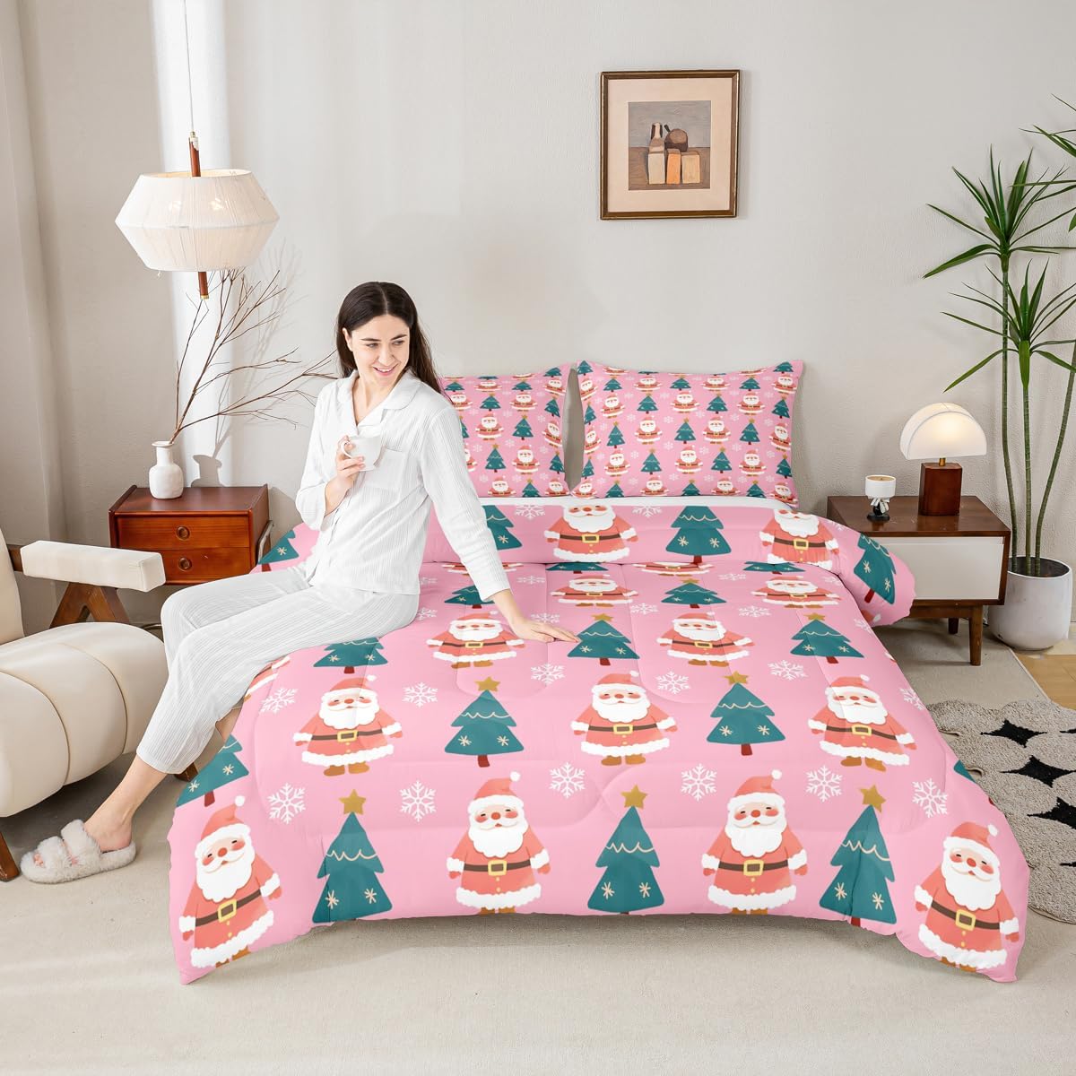 Feelyou Merry Christmas Kids Comforter Set Twin Size Santa Claus Bedding Set Snowflake Duvet Quilt for Kids Boys Girls Bedroom Xmas Pine Tree Decor Microfiber Ultra Soft Breathable
