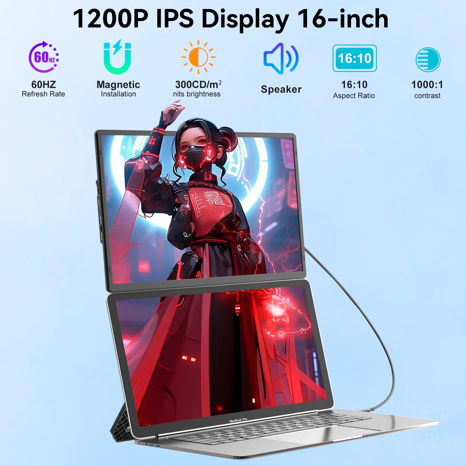 Monitor Portátil 16" IPS 1200P - Extensor de Pantalla para Portátil Ultra Delgado para Laptops 13-17.3", Compatible con Mac/Windows/Chrome, Pantalla Portatil Configuración Dual para Trabajo y Gaming.