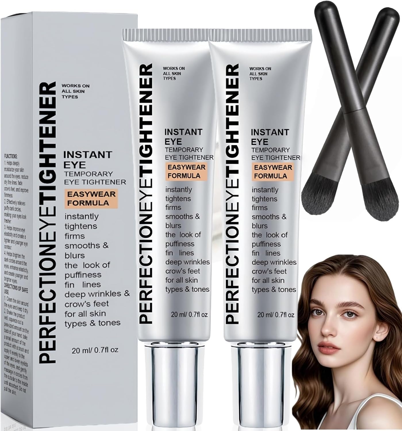 20ML*2 Perfection Eye Tightening Cream with Brush,Instant Eye Tightener for Dark Circles & Puffy Eyes,Anti-Aging E/ye Serum for Reduces Lines Wrinkles,Long-Lasting Tightening Finish for All Skin Types
