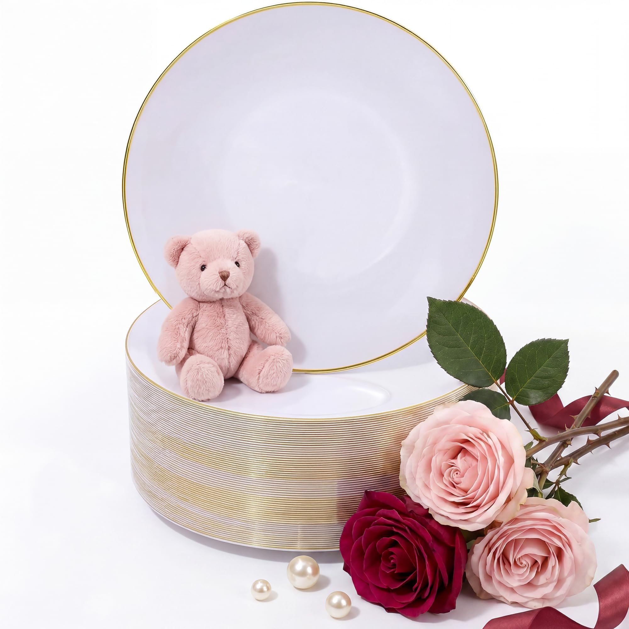 100 Pieces Gold Plastic Plates - 10.25 inch Gold Dinner Plates - Heavyweight White and Gold Disposable Plates Ideal for Wedding & Party & Mothers Day