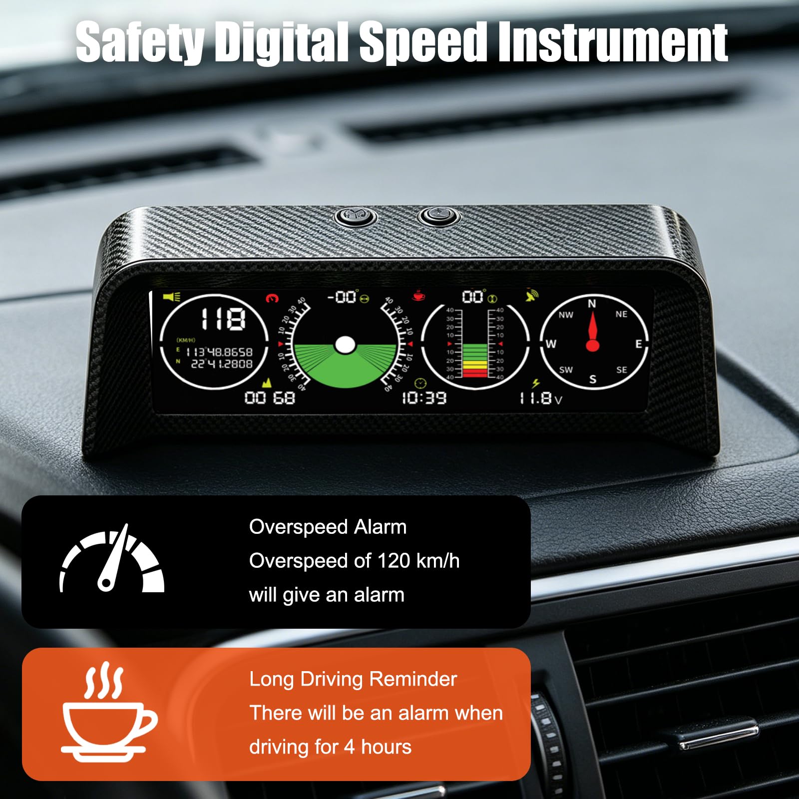 Inclinometro 4x4, Inclinometro Digitale Fuoristrada, Tachimetro Universale per Auto, Head Up Display Auto GPS HUD Con Bussola, Spina accendisigari
