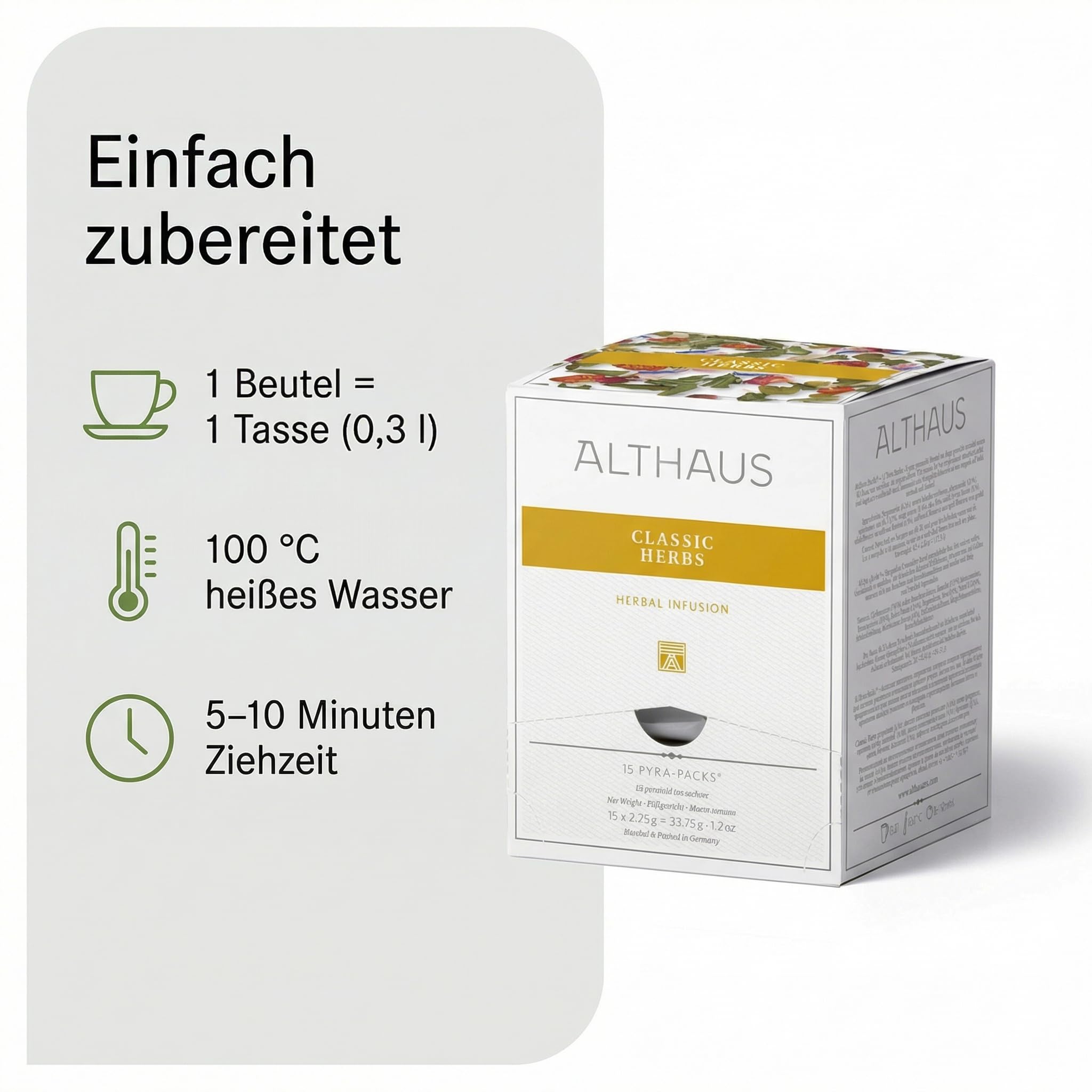 6 Packungen ALTHAUS Classic Herbs Kräutertee, Pfefferminze-Kamille-Salbei, Koffeinfrei, je 15 Pyramidenbeutel à 2,25 g