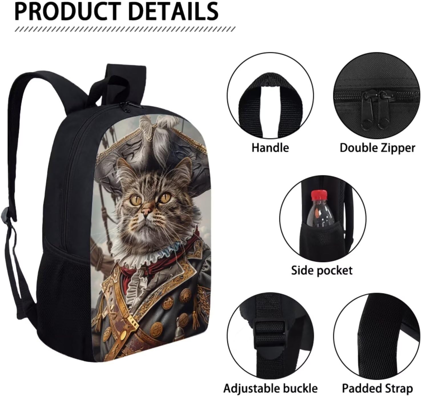 17 Inch Animal Print School Backpack And Lunch Box Set for Kids Lightweight Funny Cat As Pirate Backpack for Boys Girls Sturdy School Bag with Insulated Lunchbox Pencil Case Student Bookbag