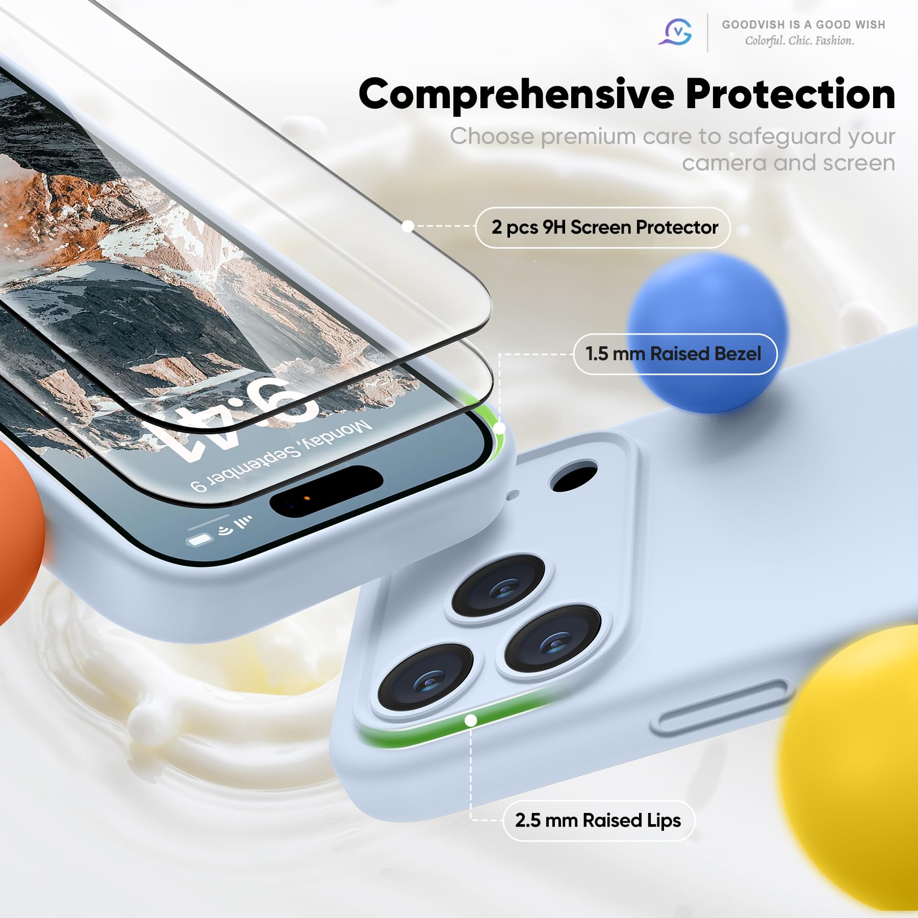 GOODVISH Silicone Cover per iPhone 17 Pro 6.3", Custodia con 2x Vetro Temperato [Pulsante Controllo Fotocamera] 360° Protezione Anticaduta Case per Cellulare Antiurto Resistente, Cielo Blu