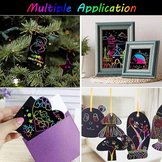 Yibeishu Scratch Art Set, 56-Piece, Black Paper Sheets Notes Cards Boards and Doodle Pads, 7.2 x 5 Inches, Kids Crafts Projects Kit