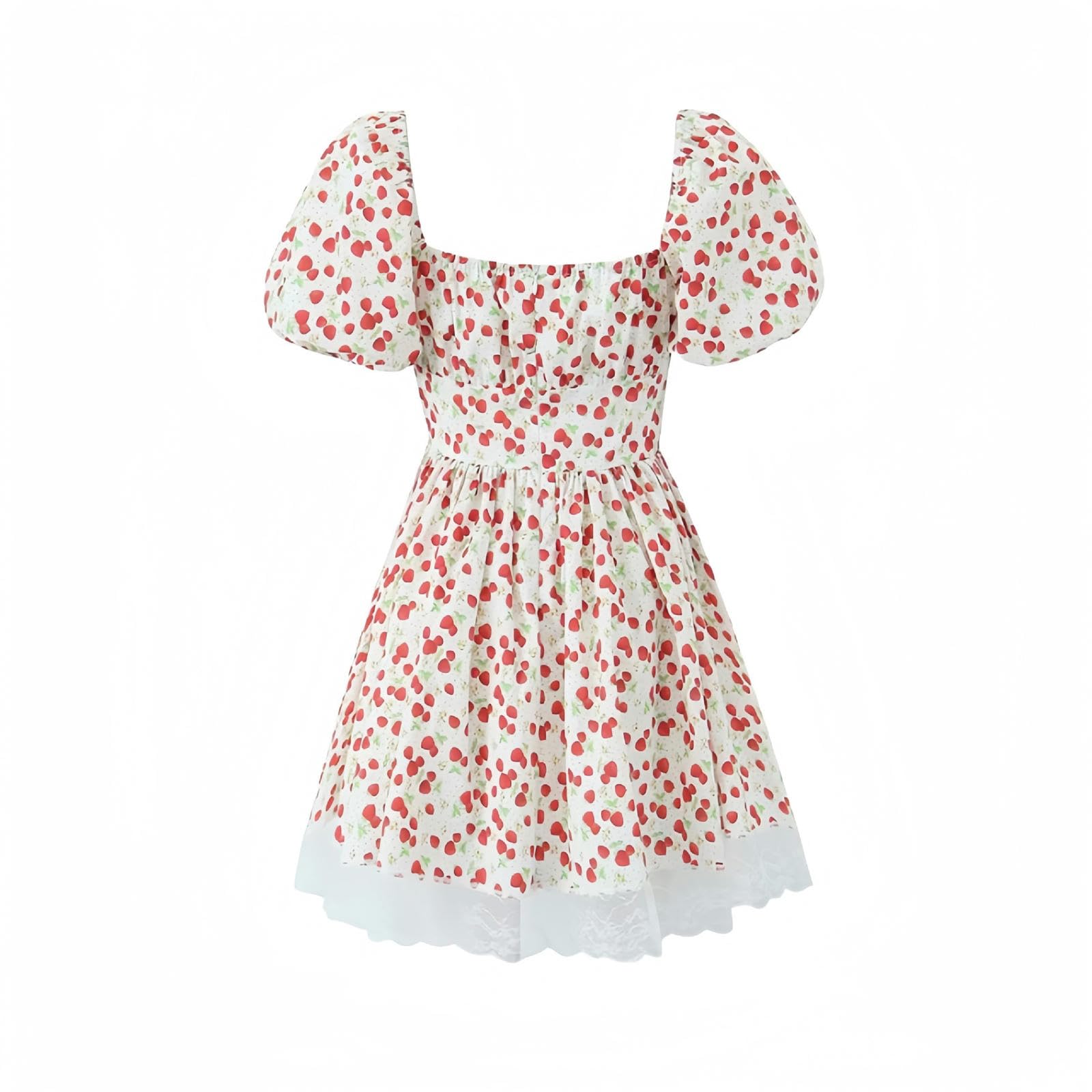 Süßes Erdbeer-Print-Kleid mit Puffärmeln für Damen, V-Ausschnitt, hohe Taille, plissierter Rock