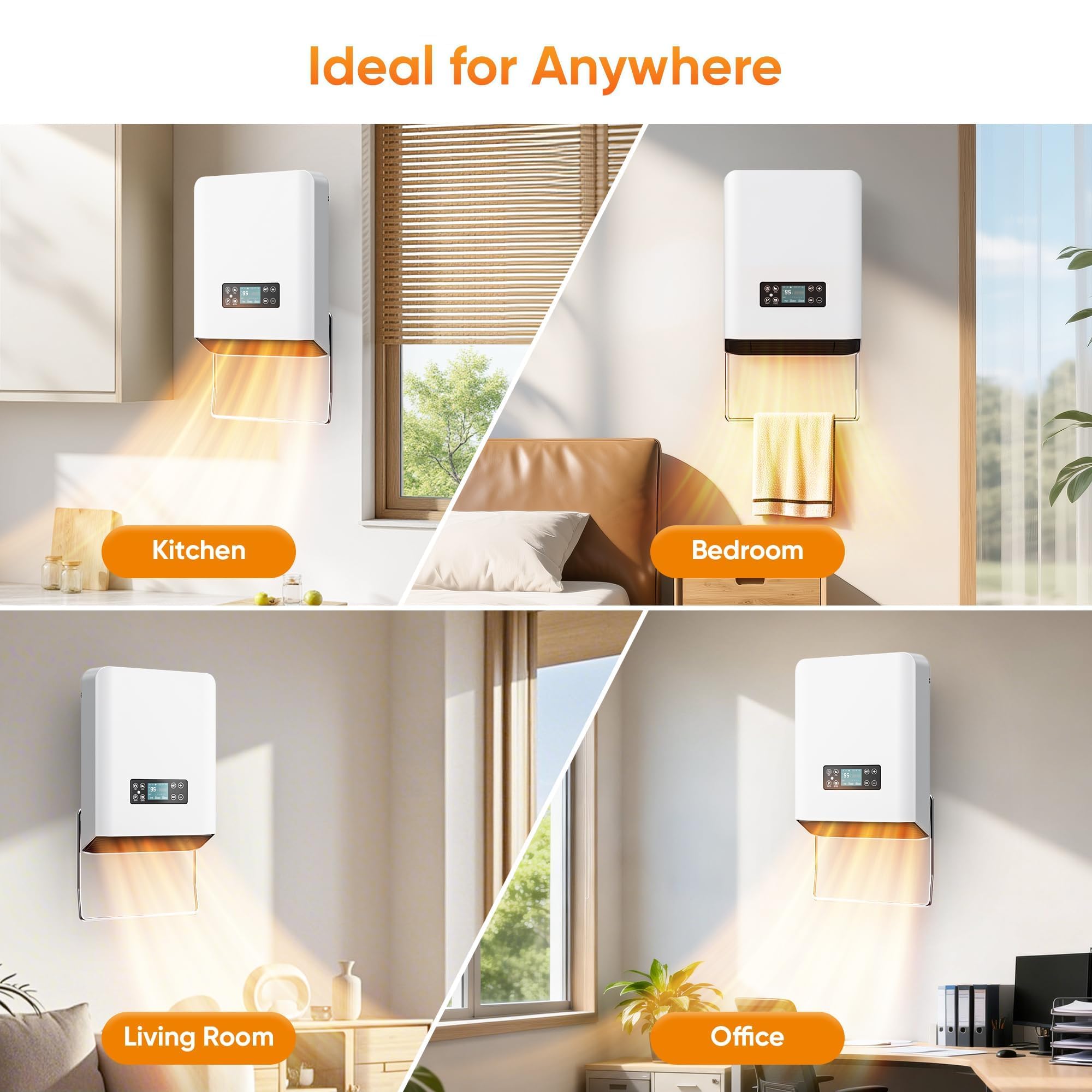Calentador de pared, calefactores eléctricos PTC para uso en interiores, control remoto, termostato ajustable, calentador de fácil montaje para recámara, hogar, oficina, cochera, 1500 W