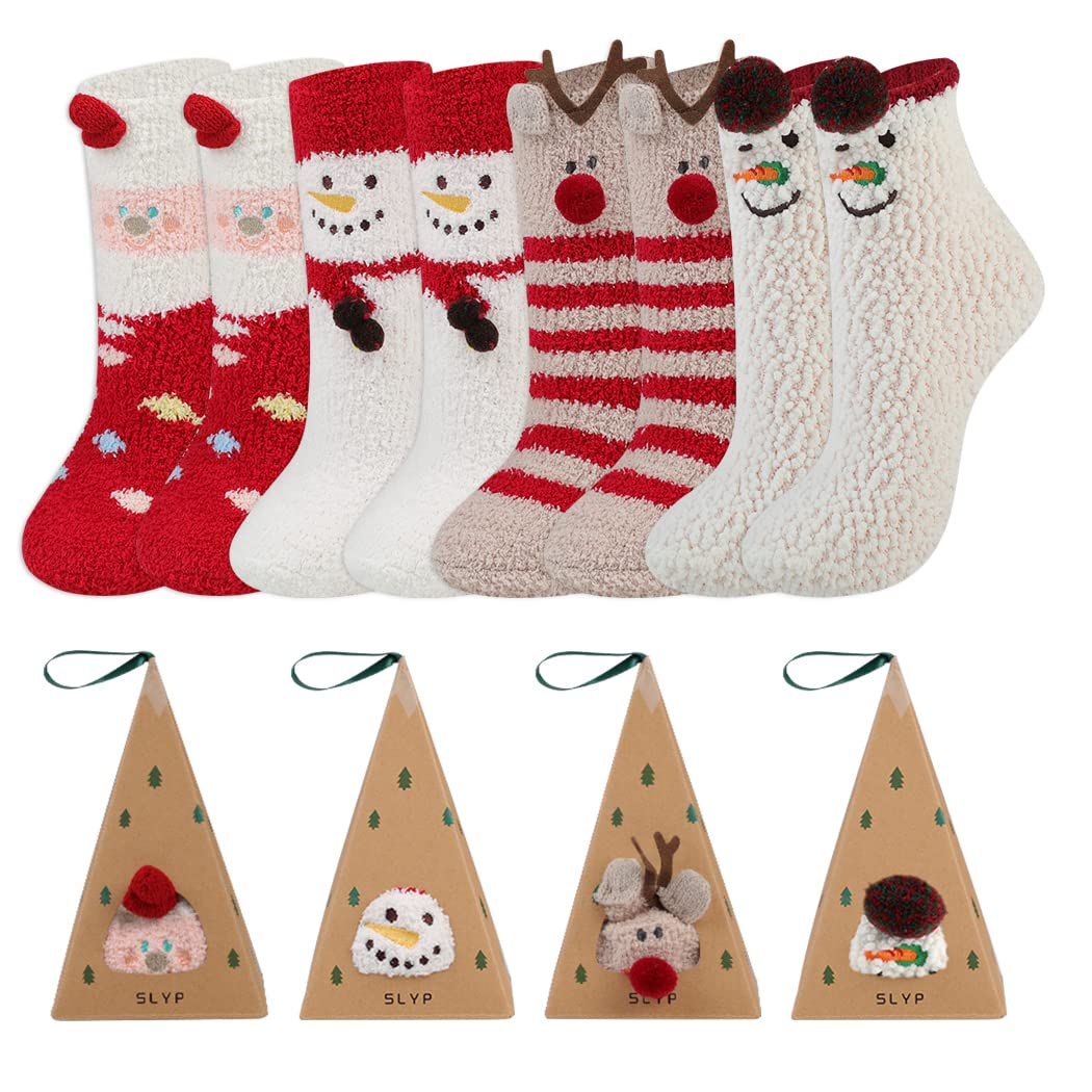 4 Paar Weihnachtssocken für Damen, kuschelige Socken mit Rentier, Schneemann und Streifen im Cartoon-Design, mit Grußkarte, weich und elastisch, Geschenkbox für die Weihnachtszeit