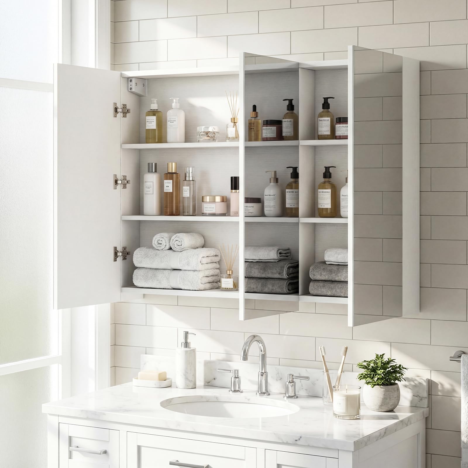 COSTWAY Armario de Espejo de Baño con 3 Puertas, Armario de Pared Baño con 6 Compartimentos, Superficie de Imitación Madera y Marco de Madera, 87 x 65 x 12,5 cm
