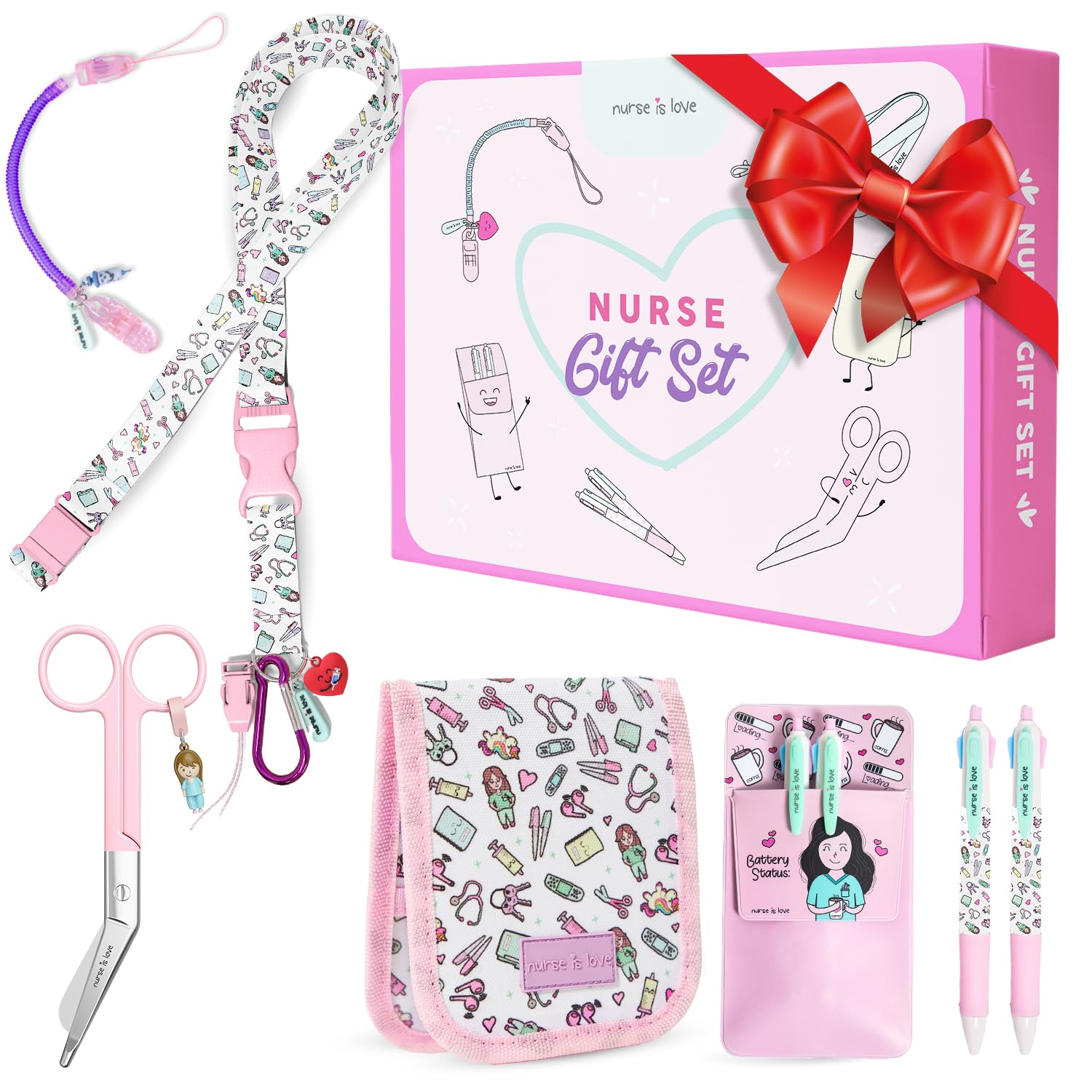 Nurse is Love Krankenschwester Geschenke 5-Teiliges Set | Schlüsselband + Schere + Taschenorganizer + Stifte Taschenschutz mit Kugelschreiber Mehrfarbige + Scherenhalter | Krankenschwester Zubehör