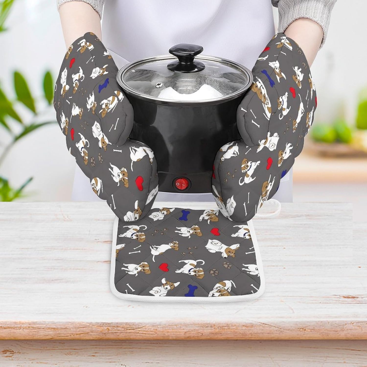 Jack Russell Terrier Bones Footprints Print Oven Mitts and Pot Holders 3 Piece Sets Heat Resistant Gloves Hot Pads Potholders for Kitchen Baking Cooking