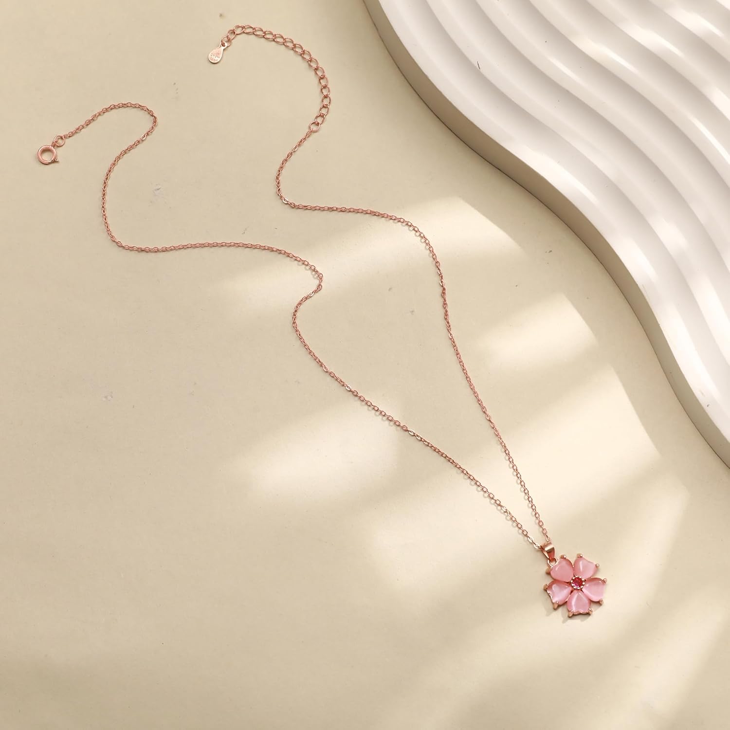 Dainty 925 Sterling Silver Cherry Blossoms Necklaces for Women 14K Gold Plated Cute Pink Crystal Pendant Necklace to Daughter Mom Plum Flower Charm Chain Birth Wedding Easter Mother's Day Jewelry Gift