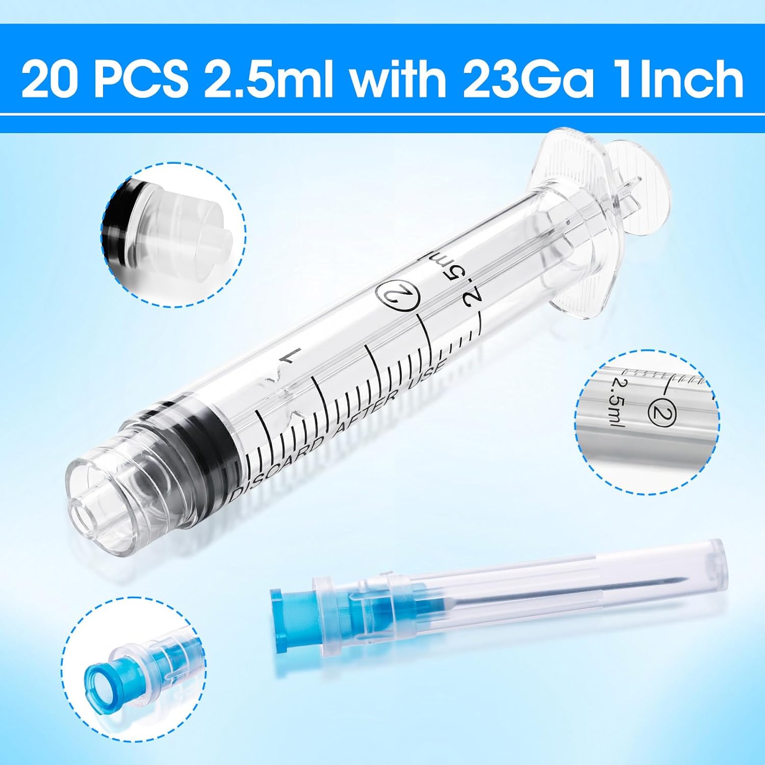 2.5ml Syringe, 2.5cc Luer Lock Syringes with 23G 1 inch Needle, for Lab Liquids Refilling , Individually Wrapped , 20 Pack