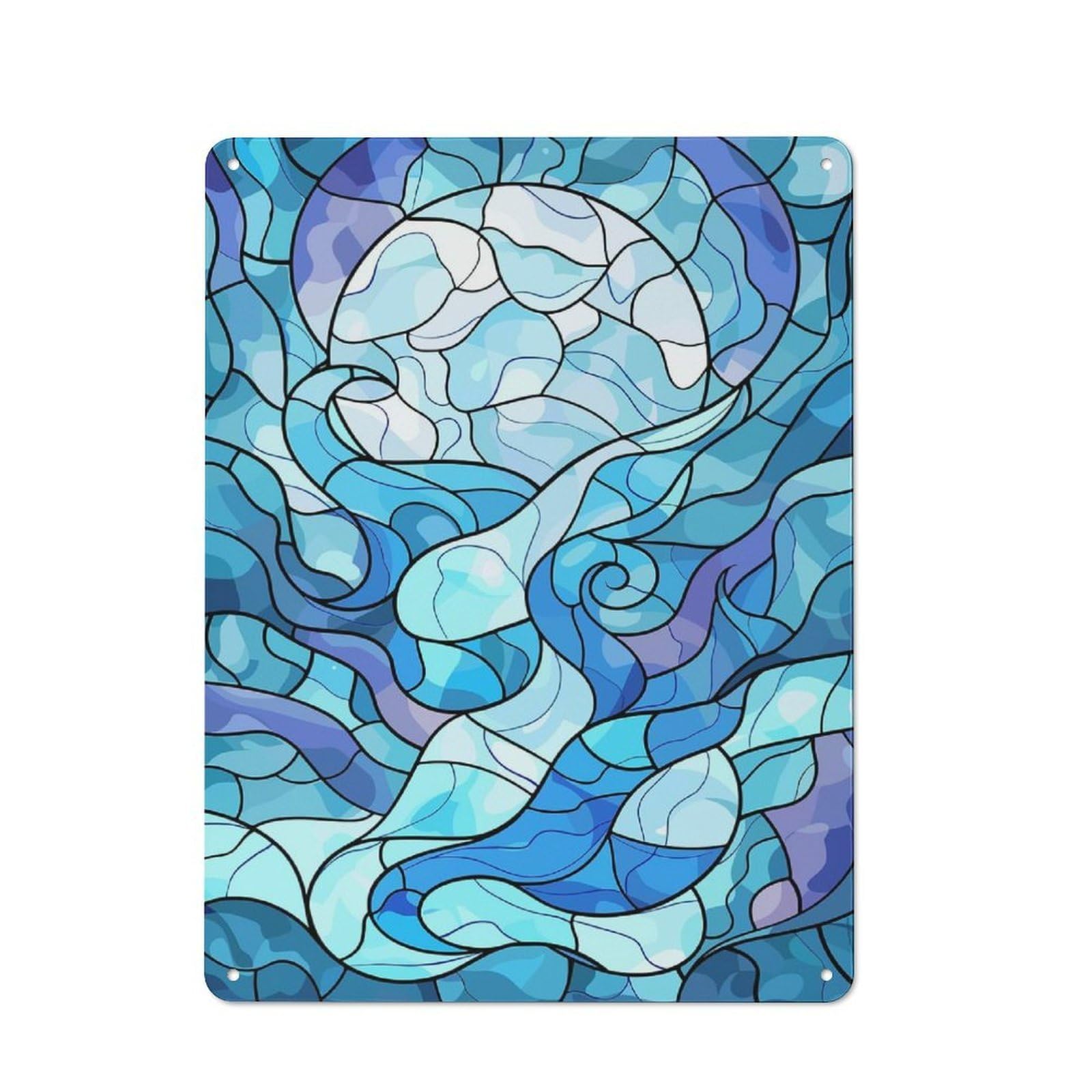 Junmoney Style-19 Tin Wall Plaque 40X30cm With Abstract Blue Stained Glass Waves For Hallway Wall, A Decorative Metal Sign For Hallways And Entrance Areas