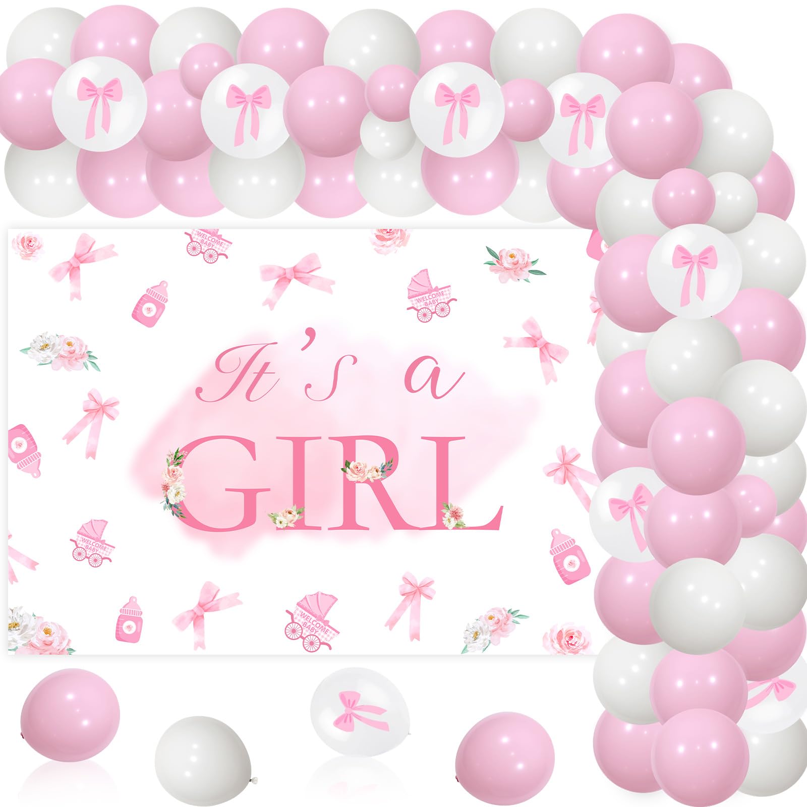 Jollyboom Pink Bow Baby Shower Decorations for Girl Its a Girl Backdrop Balloon Garland Kit for Pink Bow Baby Shower Oh Baby Gender Reveal Party Decorations